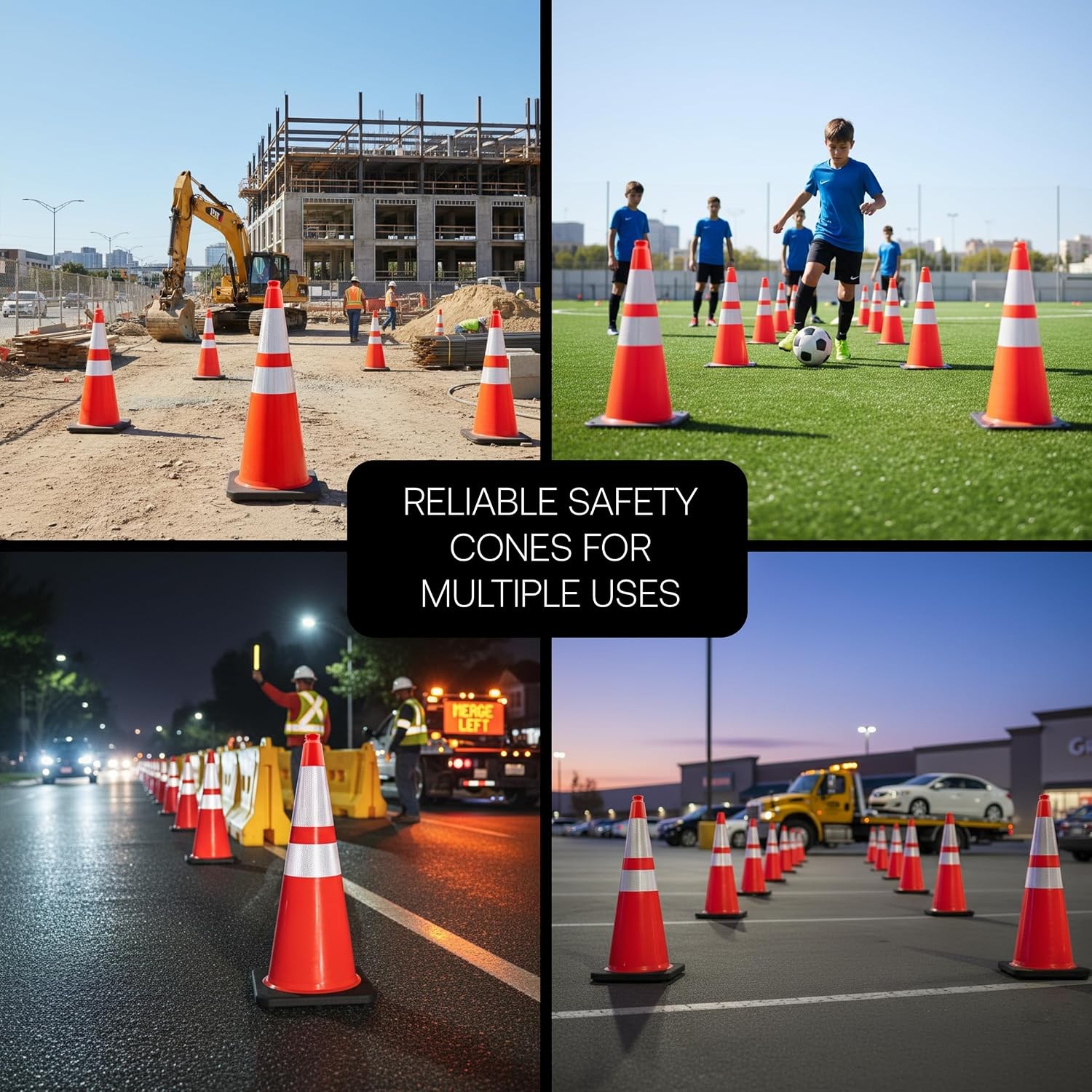 28 Inch Performance Cones 4 Pack Orange PVC Traffic Safety Cones W/ 7 lb. Black