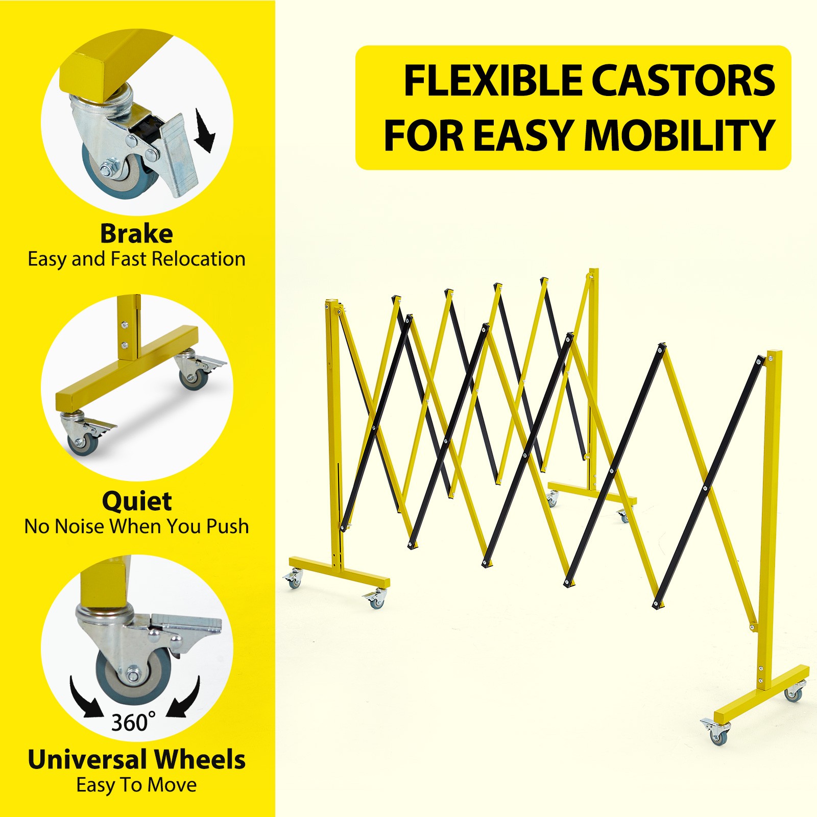 19.8FT Expandable Steel Barricade Safety Barrier Gate Traffic Fence with Casters