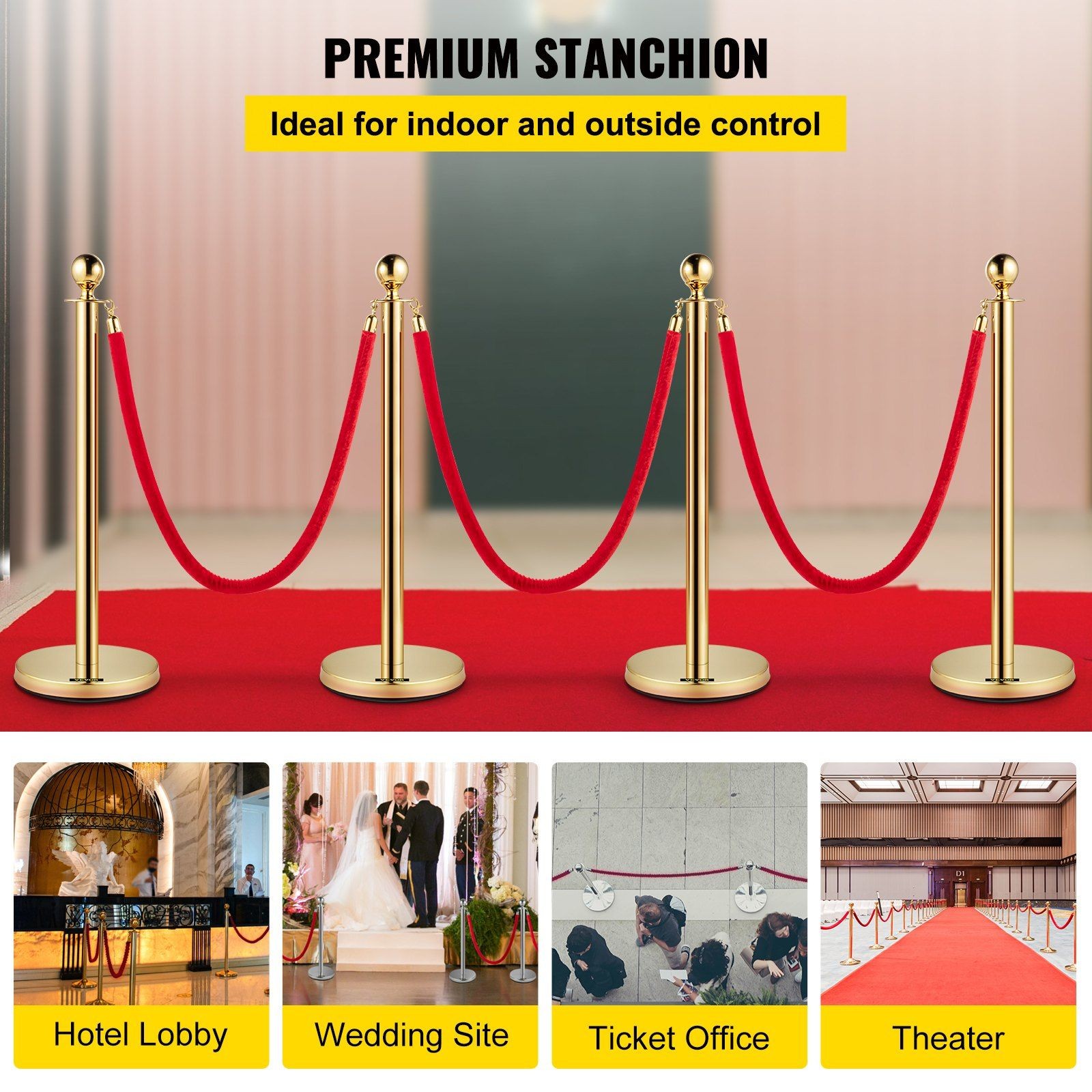 4PCS Gold Queue Barriers 37.8in SS Posts 5ft Red Flannel Rope 29lb Total