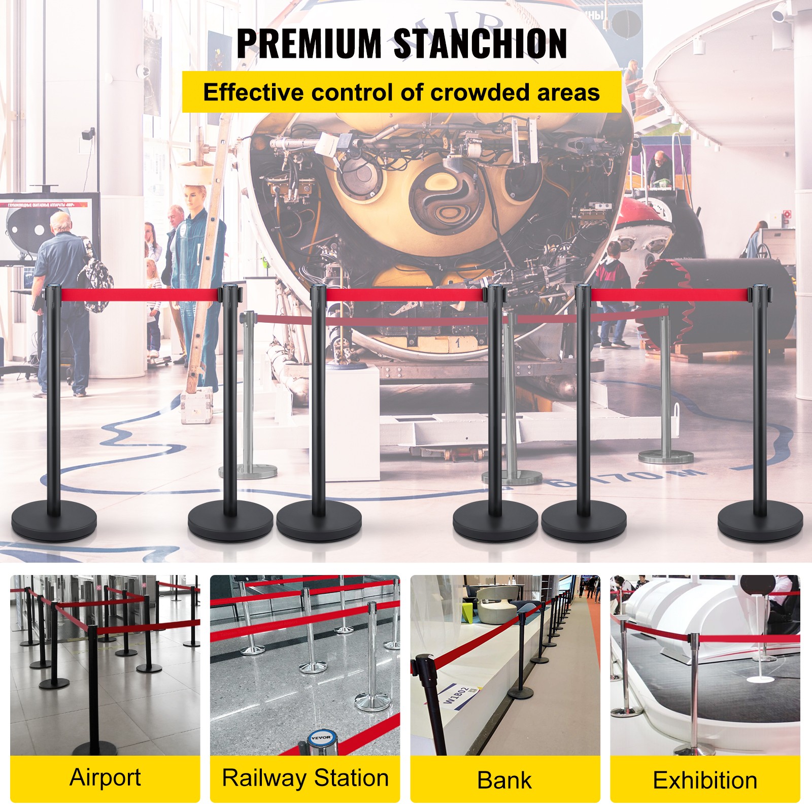 VEVOR 6 Pieces Crowd Control Stanchion Posts 6.6 ft/2 m Red Belt Queue Barrier