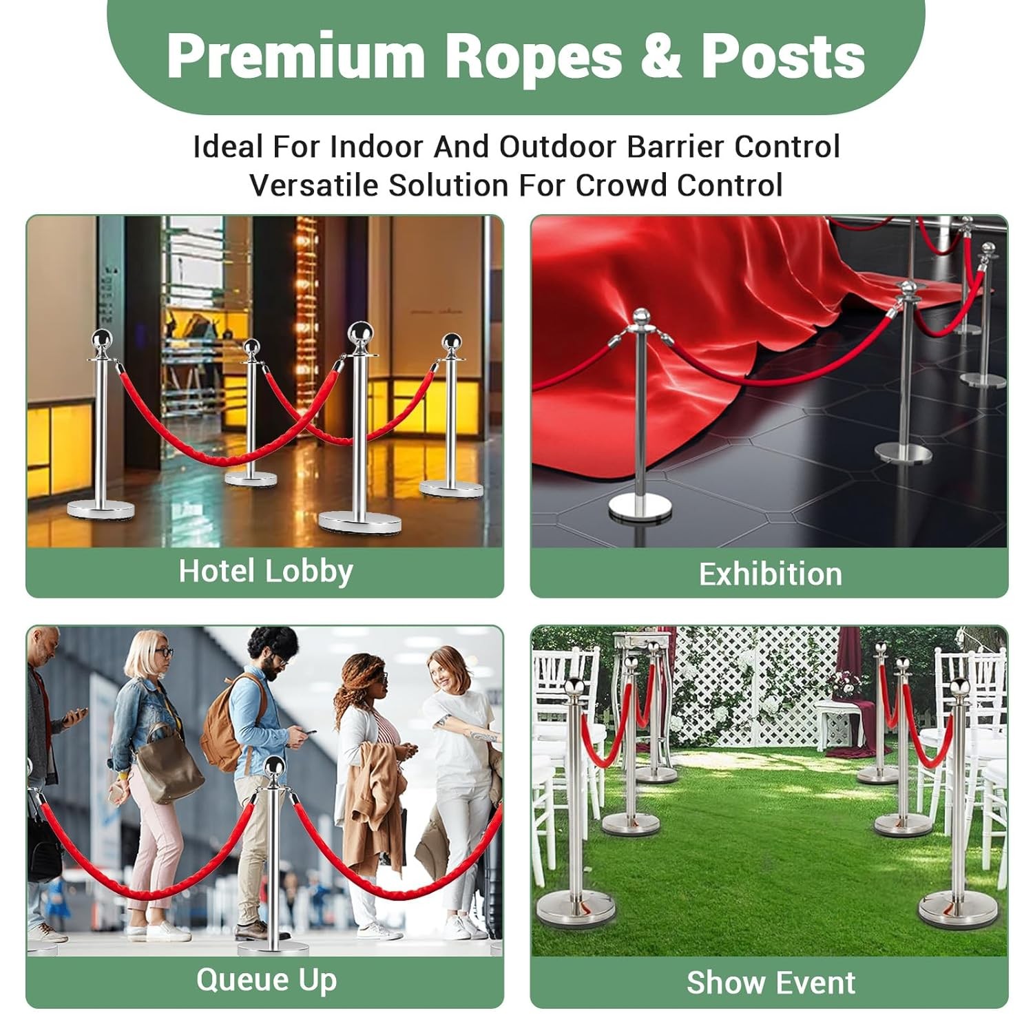 34 inch Stainless Steel Stanchion Posts with Red Velvet Ropes,8 Poles + 4 Cords