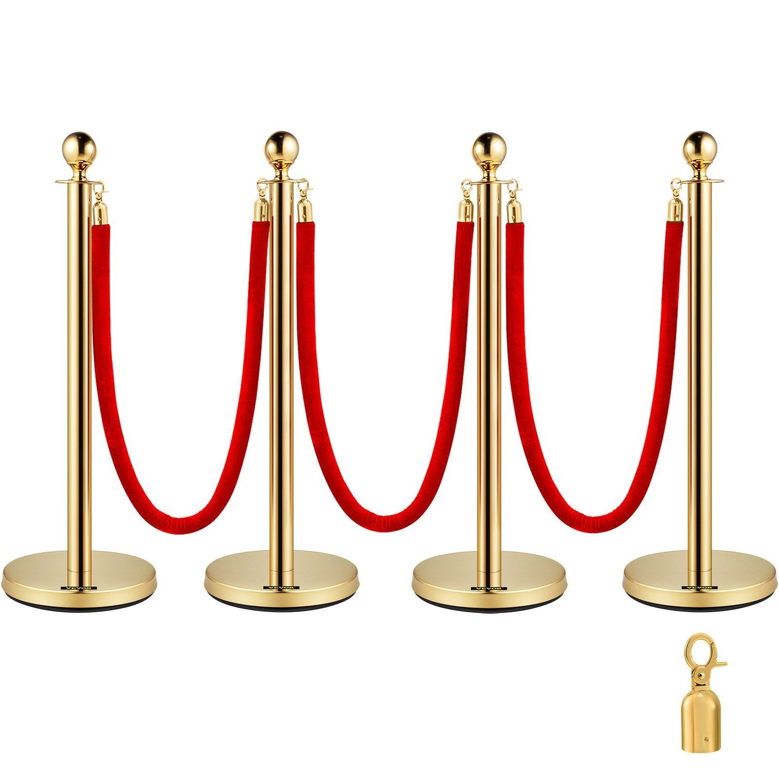 4PC Gold Stanchion Posts 37.8in Red Velvet Rope Set Crowd Control Barriers