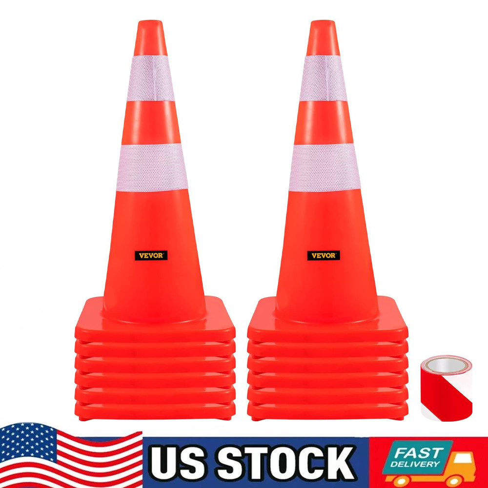 Pack of 12 28″ Safety Cones w Rubber Base for Parking Traffic Control Heavy Duty