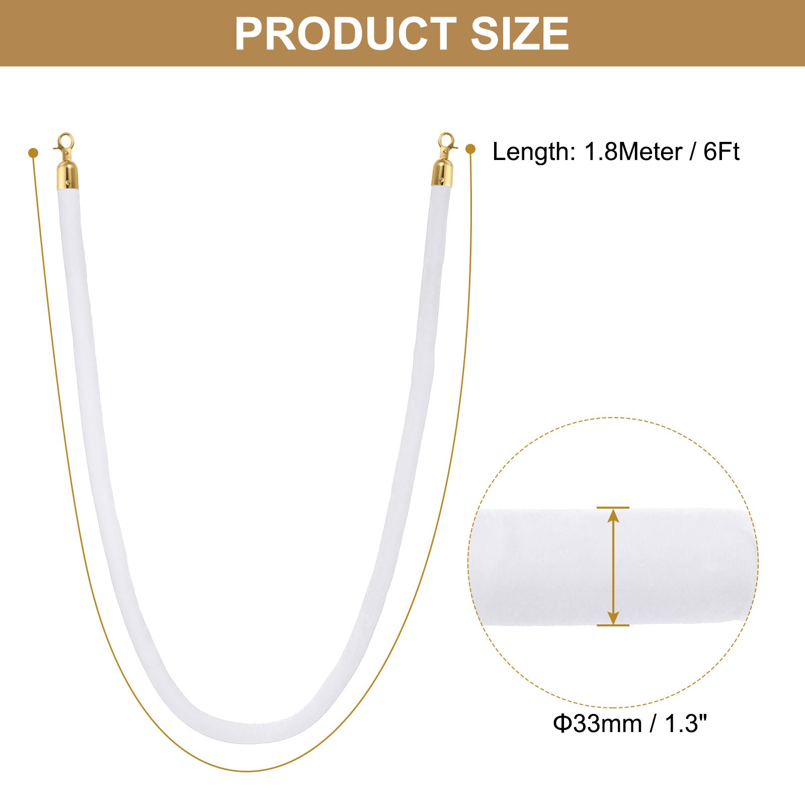 6 Feet White Velvet Stanchion Rope, 2 Pack Crowd Control Barrier Rope, Golden