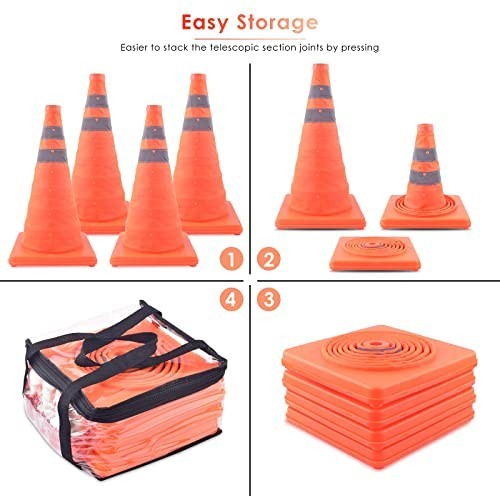 4 Pack 18″ Collapsible Traffic Cones with LED Lights & Carry Bag – Reflective Sa