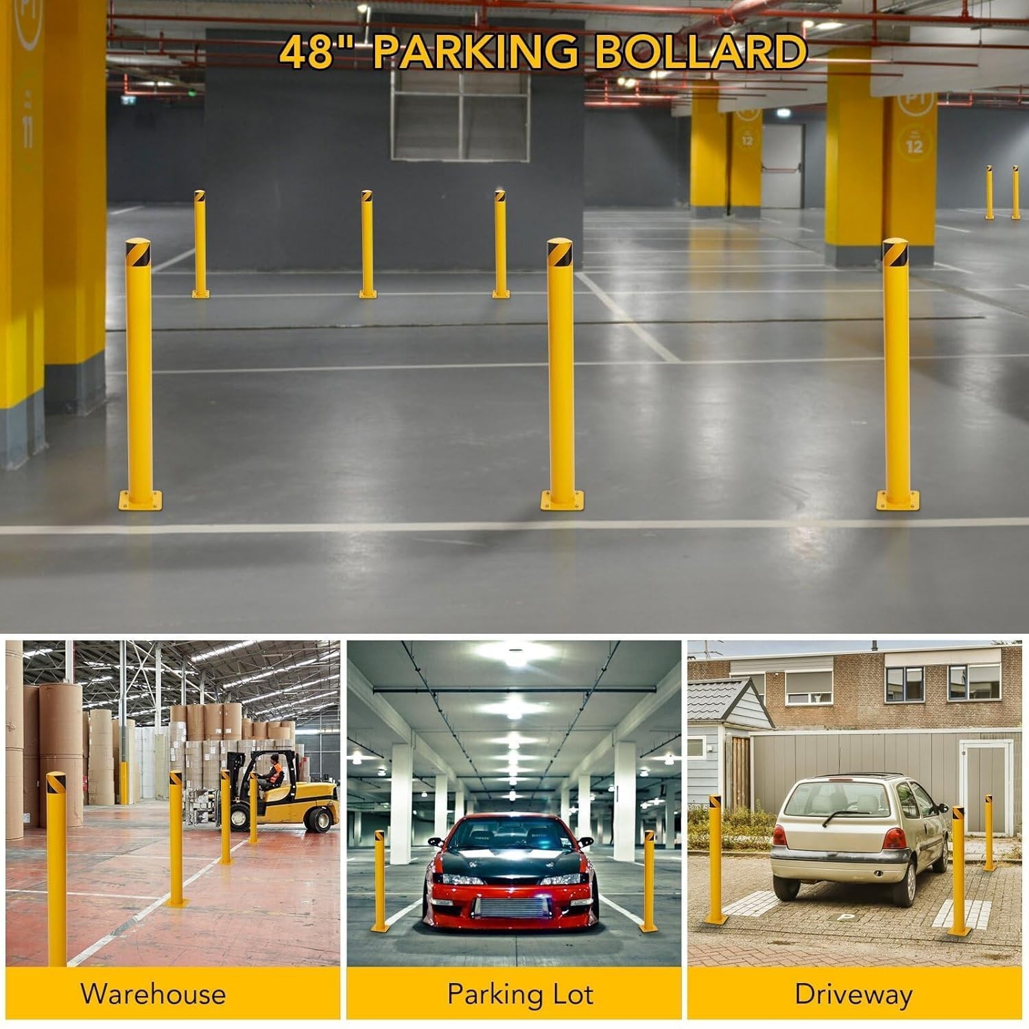1/2/4/6 PCS Outdoor Safety Bollard 48 Inch Yellow Q235 Steel Post Pipe Barrier