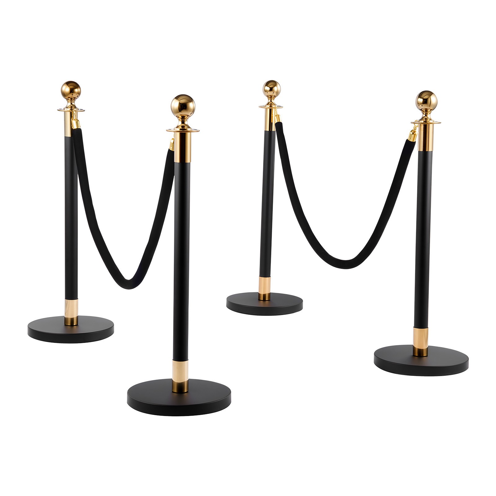 Uimoso 4-Piece Stanchion Set with 2 Black Velvet Ropes and Hollow Base in Black