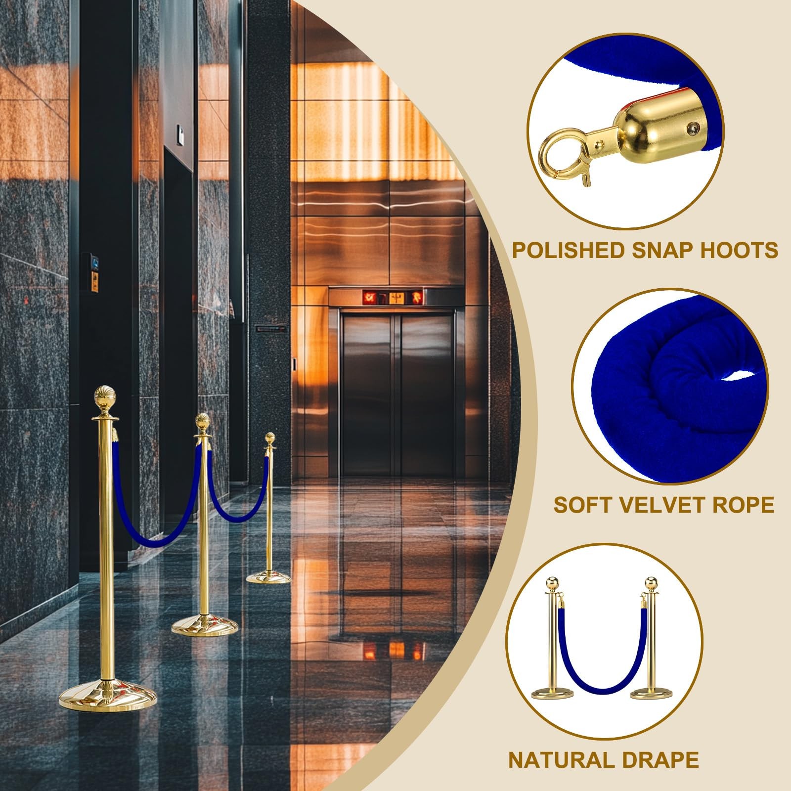 2 PCS 6.6 Ft Blue Velvet Stanchion Barrier Rope with Snap Hooks