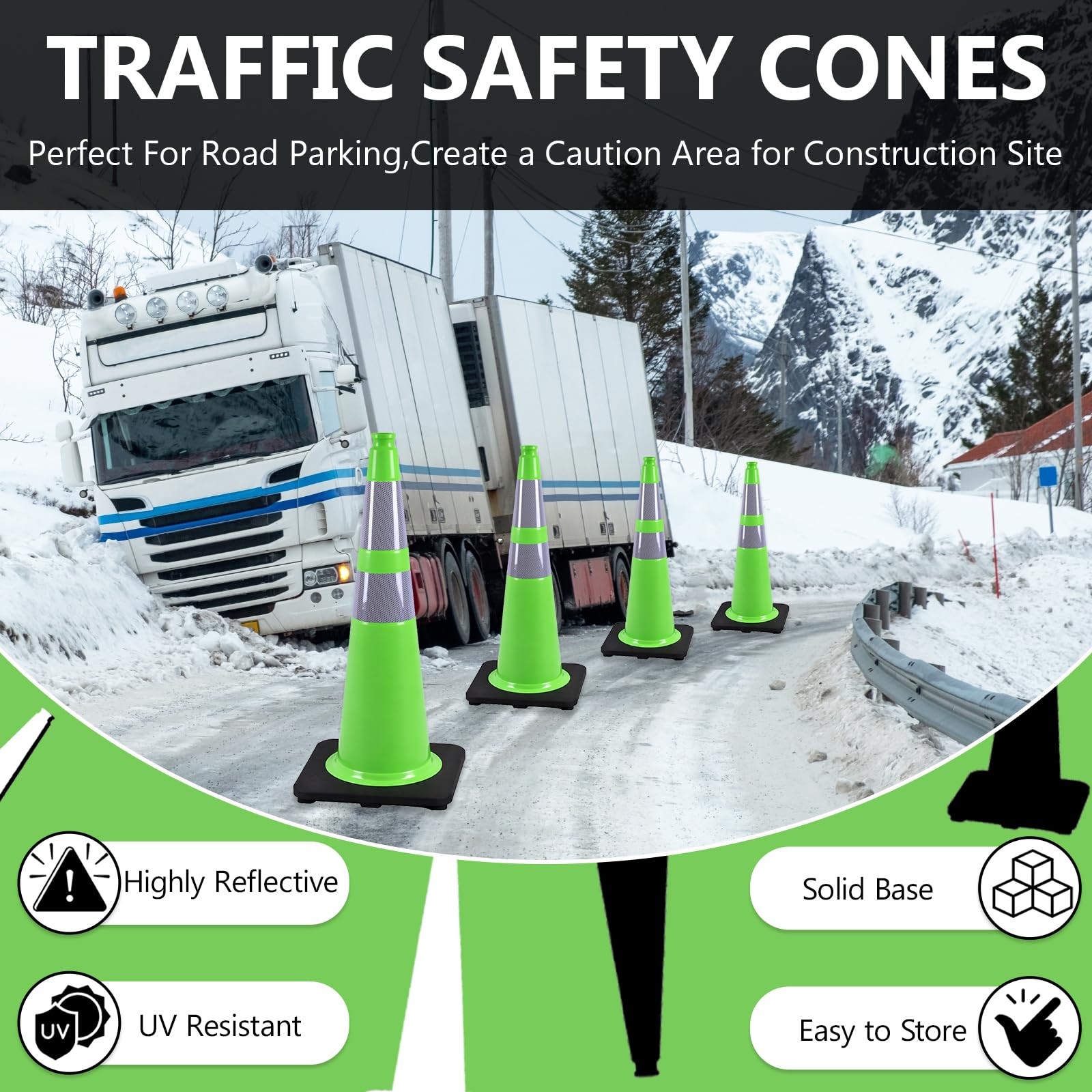 BESEA 8Pack 28″ inch Traffic Cones Green Safety Cones with 6 inch Reflective …