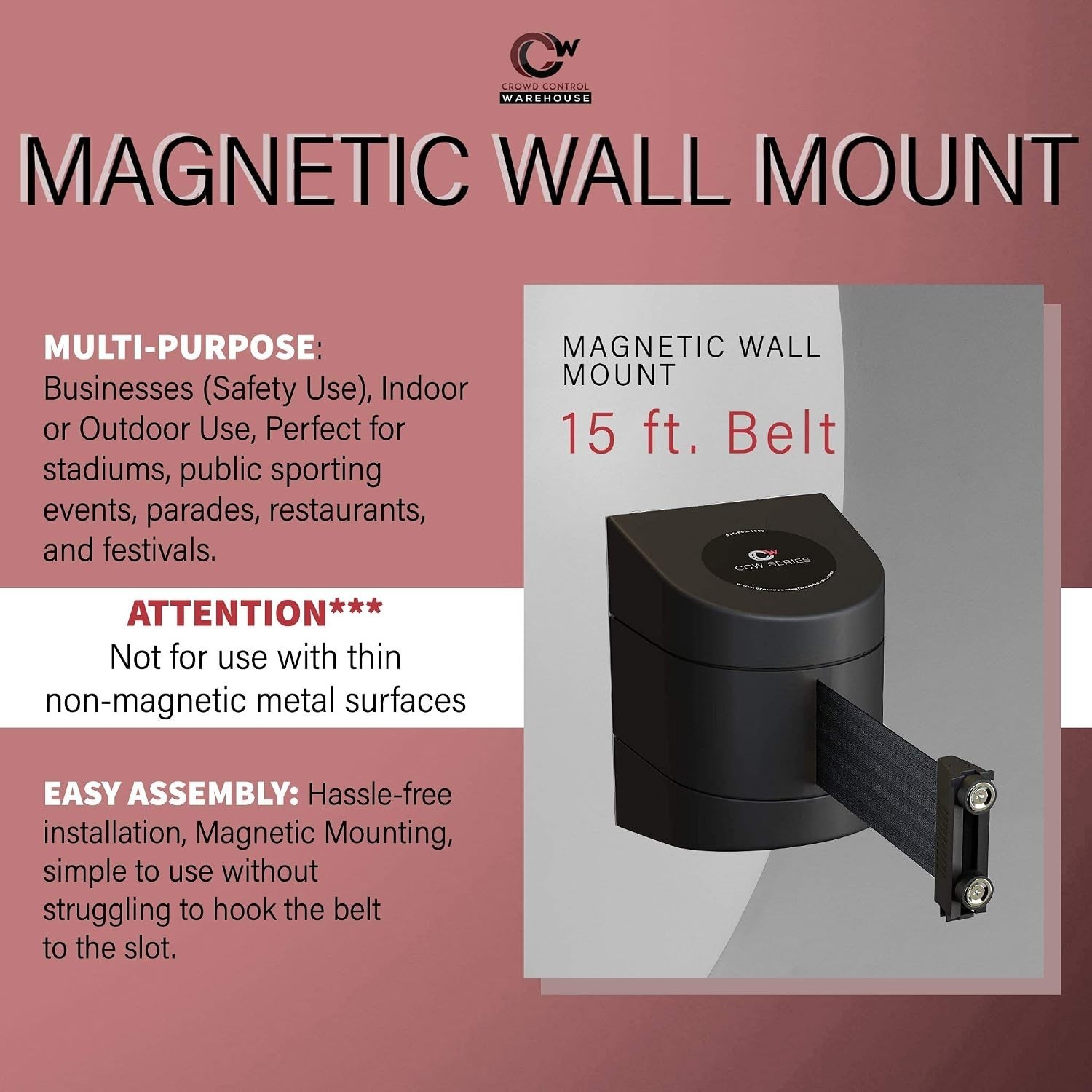CCW WMB-220 15ft Magnetic Wall Mount Retractable Belt Barrier – Safety in Style