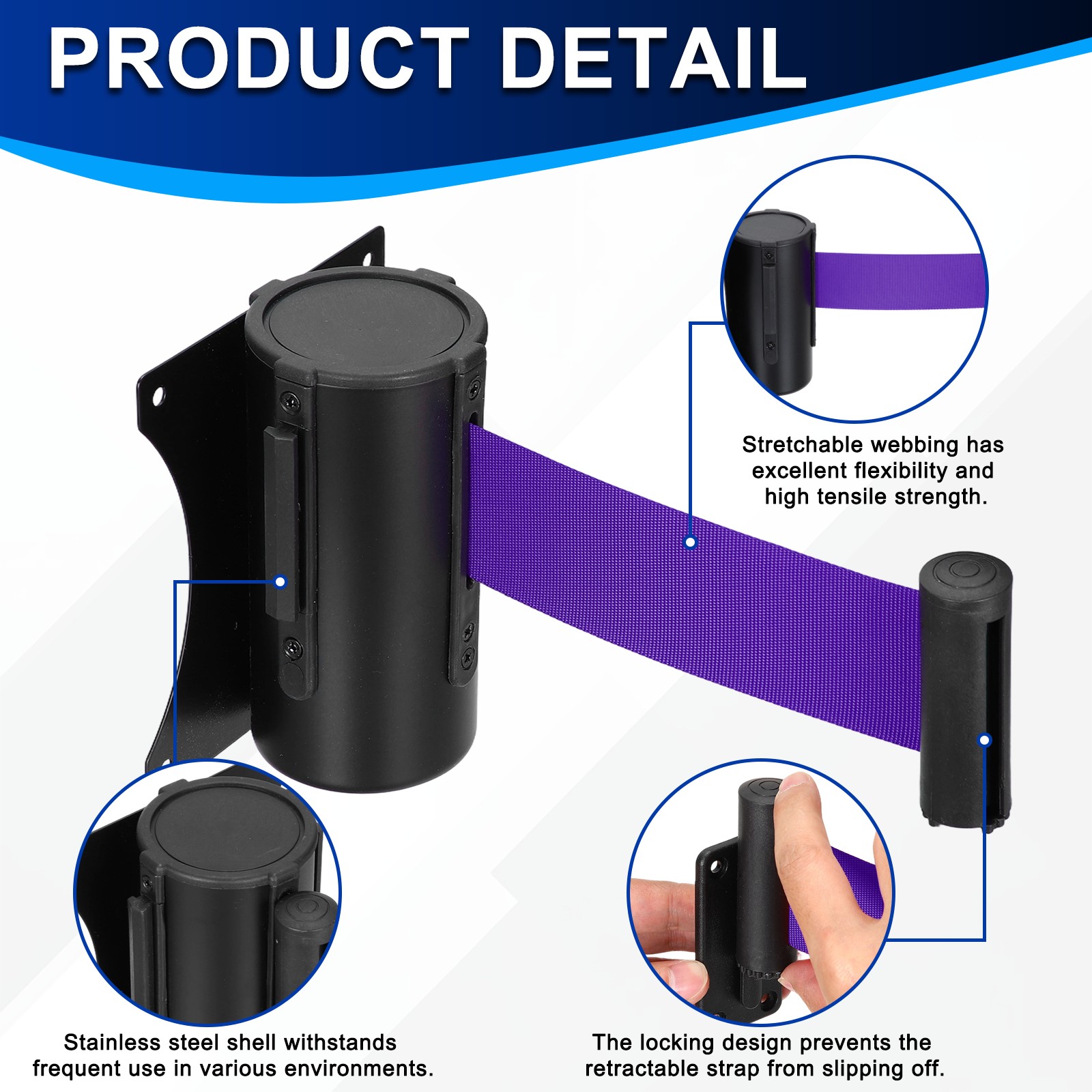 Fixed Wall Mount Retractable Belt Barriers (10 Feet, Purple) (2 Pcs)