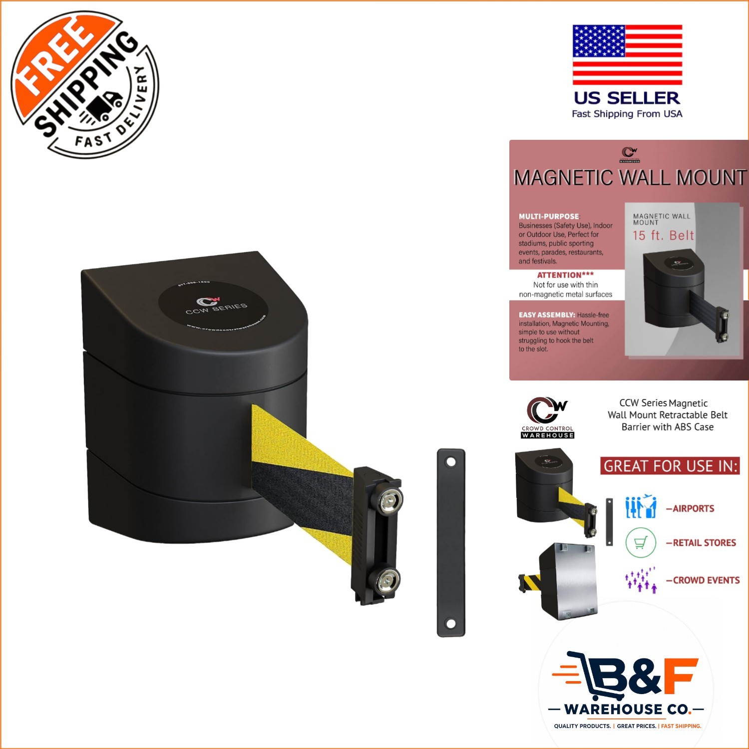 CCW WMB-220 15ft Magnetic Wall Mount Retractable Belt Barrier – Safety in Style