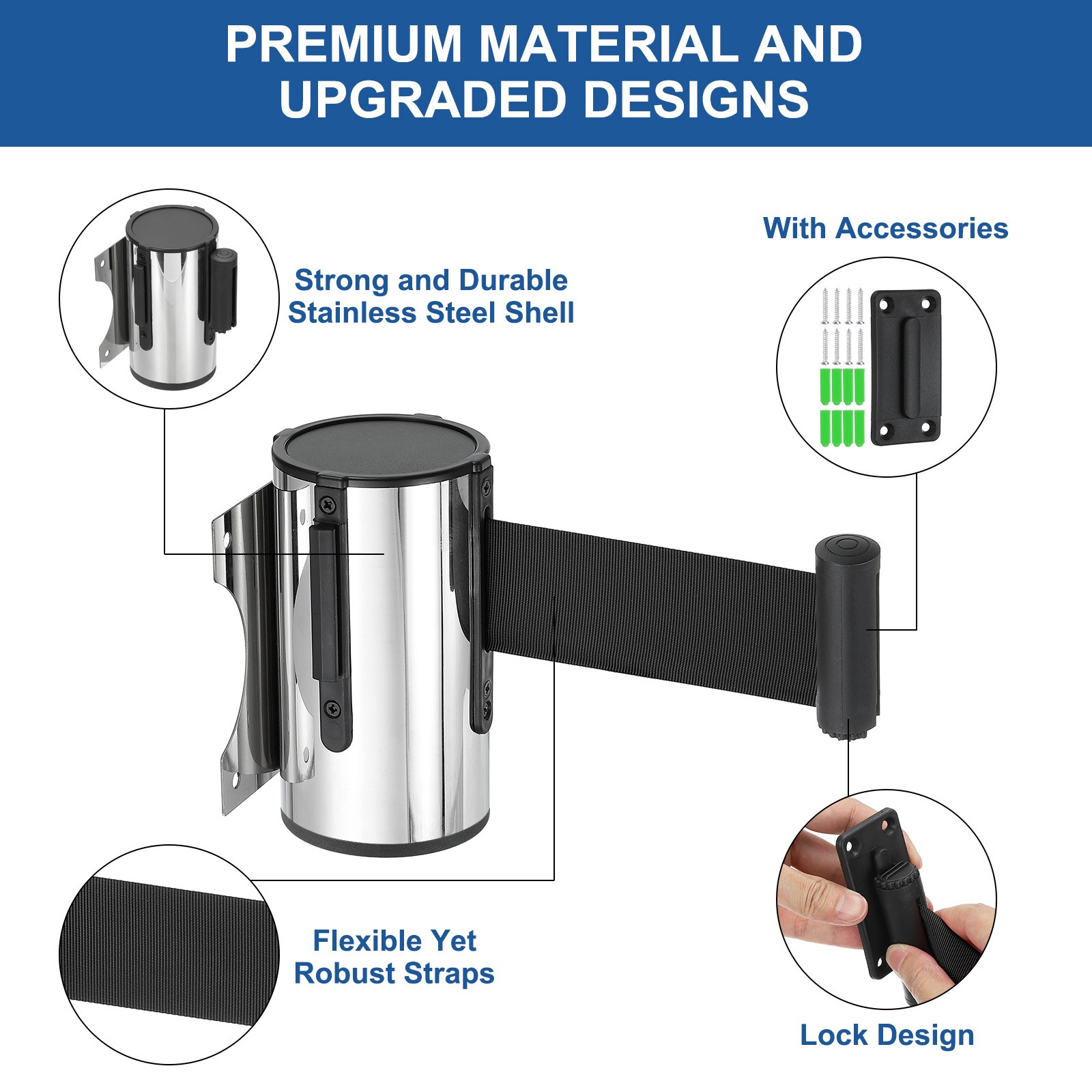 16.4 ft Fixed Wall Mount Retractable Belt Barrier Silver/Black
