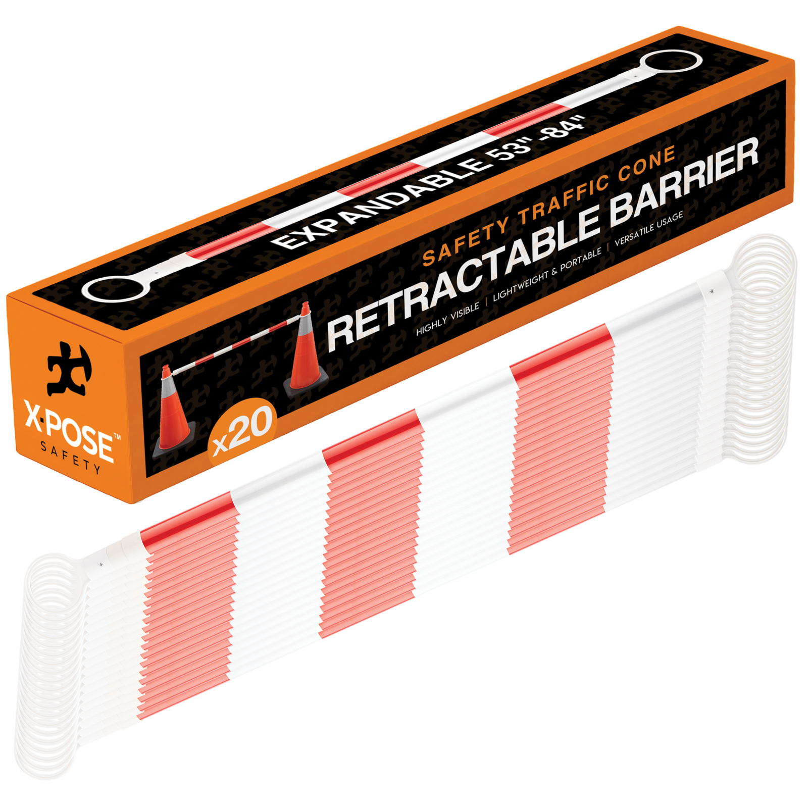 Orange and White Retractable Barrier for Traffic Cones – 2″ OD – 53-84″ 20 Pack