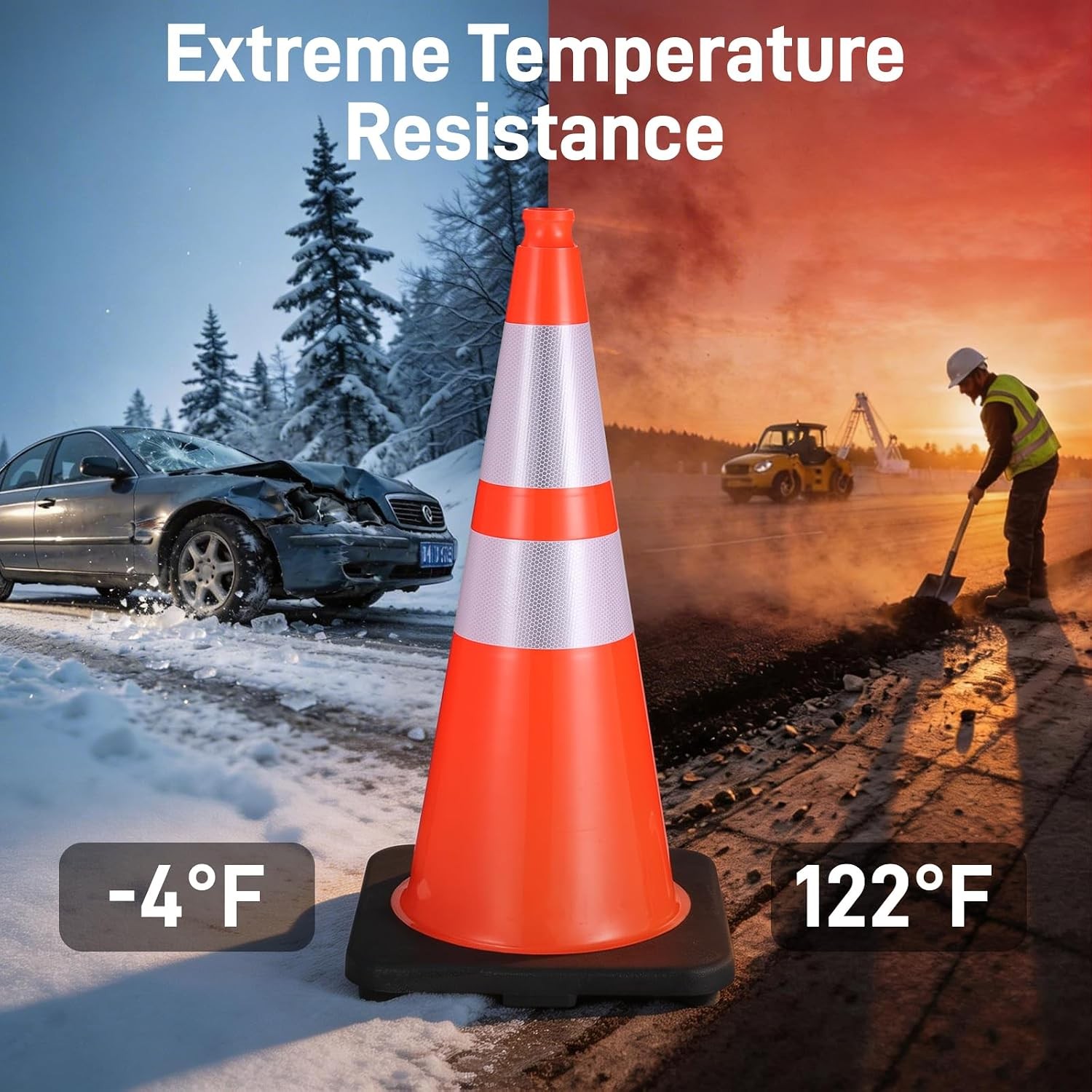 28 Inch Traffic Cones W/ 7 Lb Black Base & Reflective Collars Durable