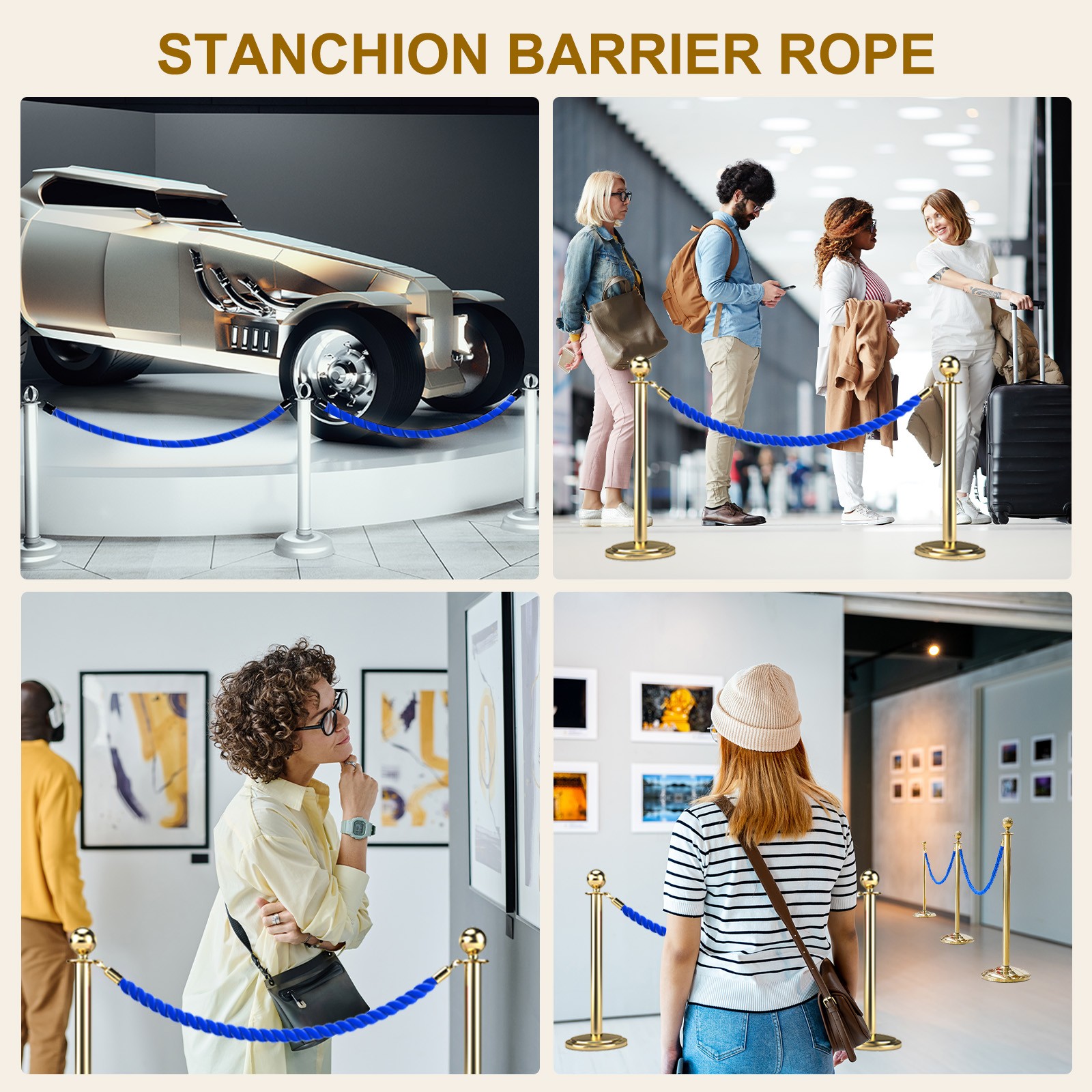 6.6 Ft/2 m Twisted Stanchion Rope Barrier Rope with Hooks Blue Golden