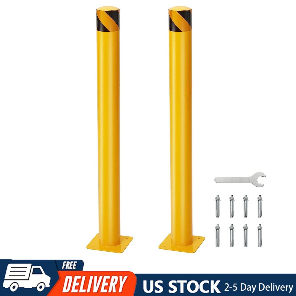 2PCS Safety Bollard 48″ High Q235 Steel Post Yellow Pipe Barrier