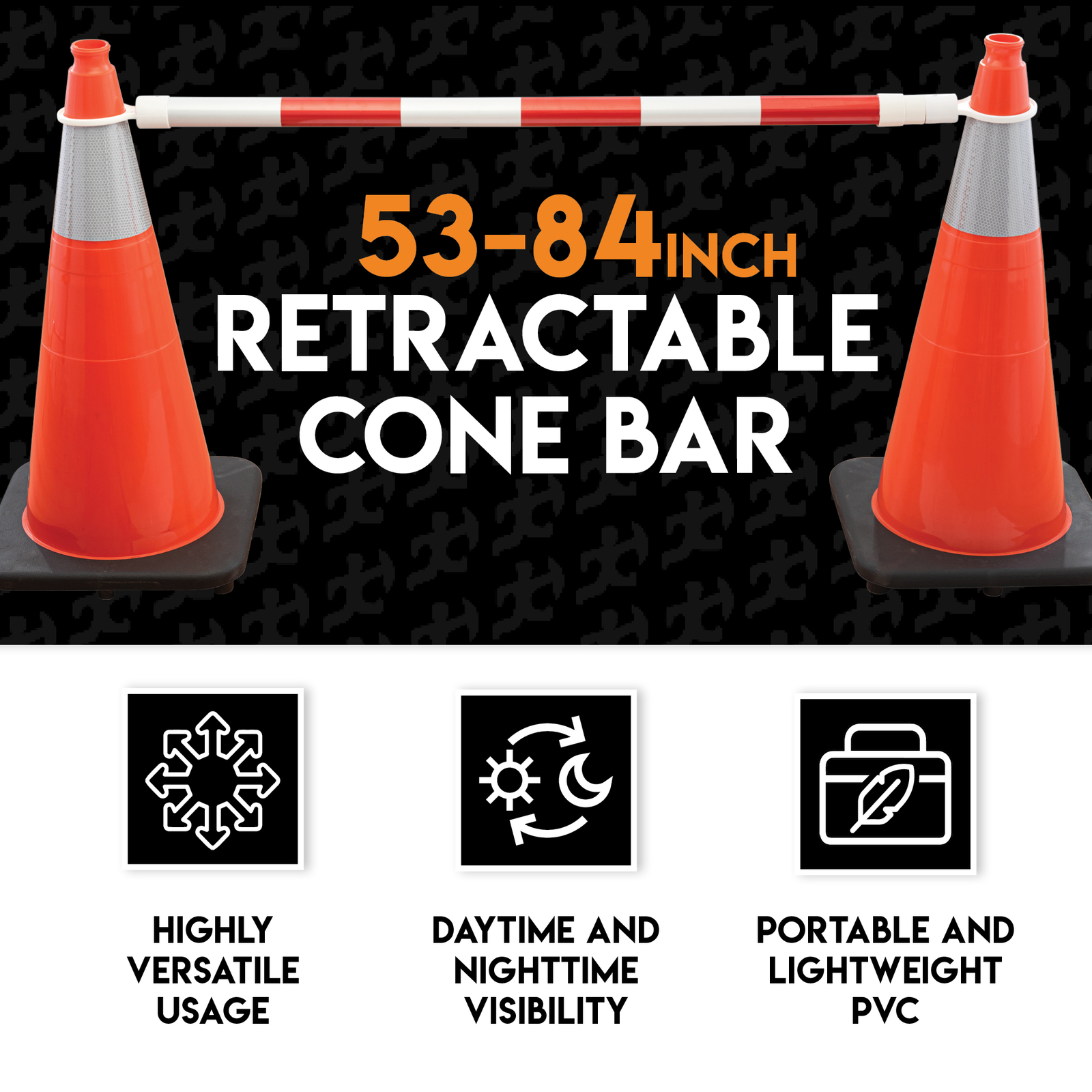 Orange and White Retractable Barrier for Traffic Cones – 2″ OD – 53-84″ 6 Pack