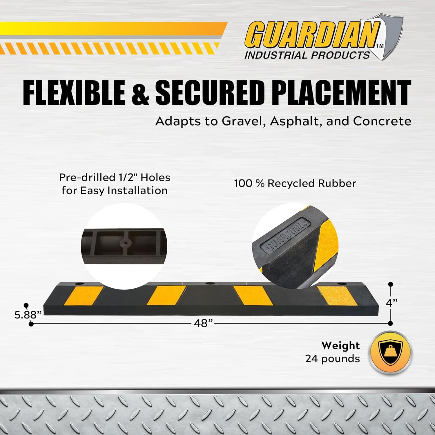 4 Pack Flexible Rubber Parking Stops, 4ft Curb with Mounting Holes, Black/Yellow