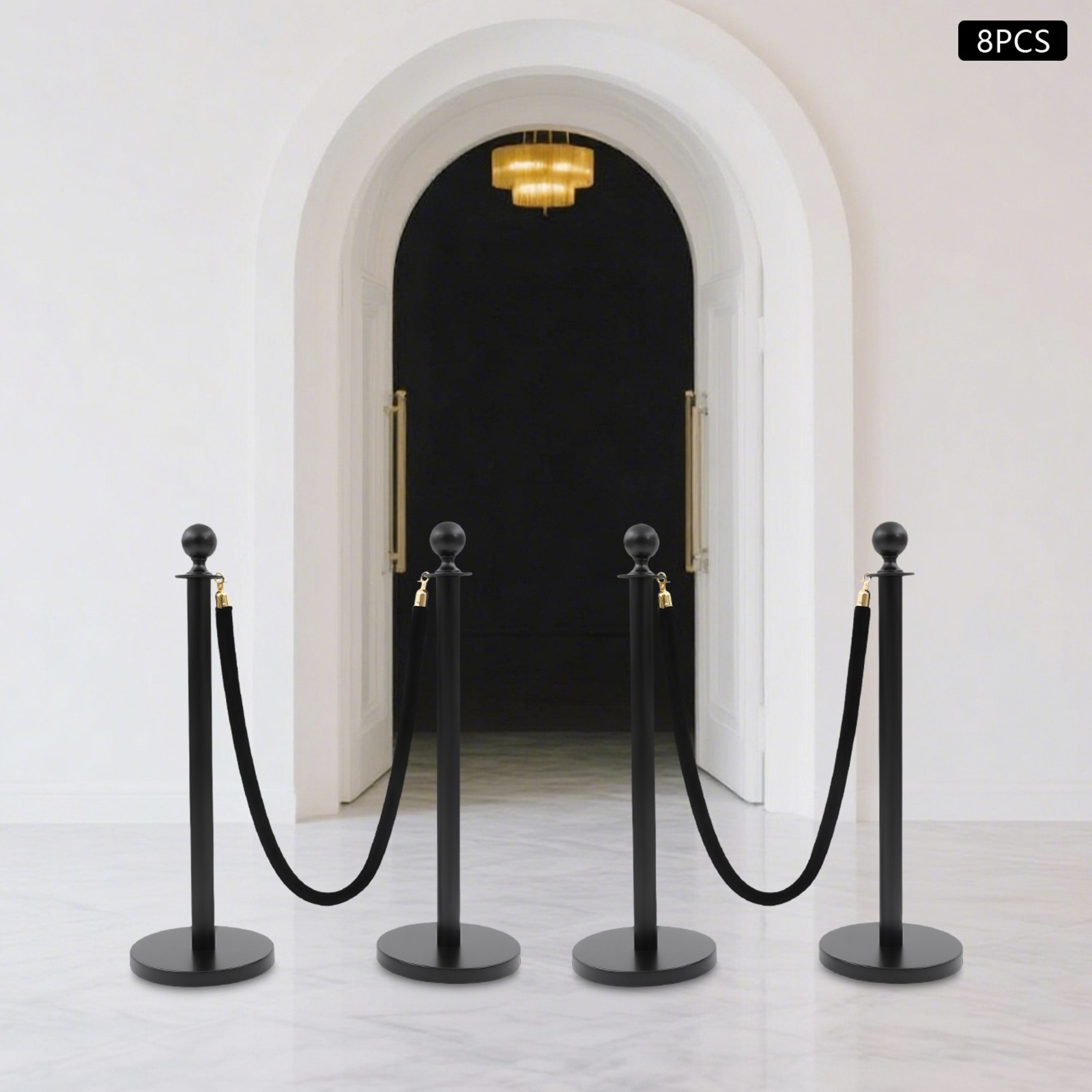 8PCS Stanchion Posts Queue Pole Black with 4 1.5M Ropes Crowd Control Barrier
