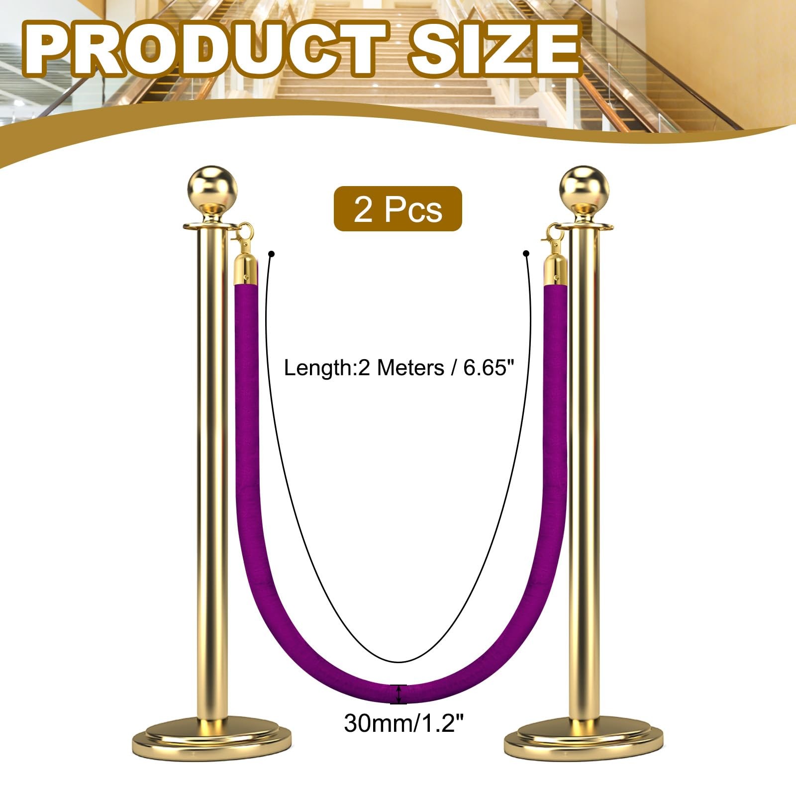 2 PCS Black Golden Velvet Stanchion Rope 6.6 FT 2M Barrier Snap Hooks Post