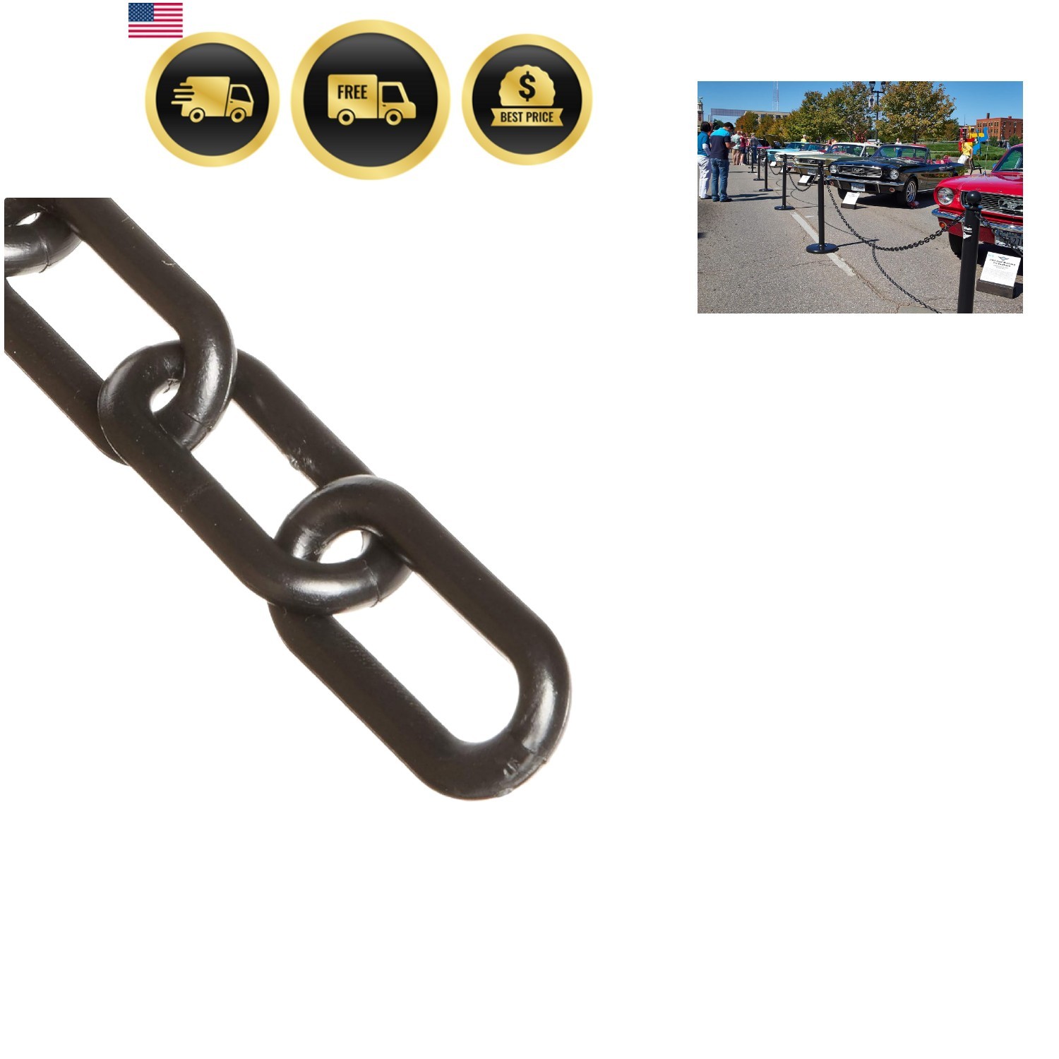 Plastic Barrier Chain, Black, 2-Inch Link Diameter, 10-Foot Length