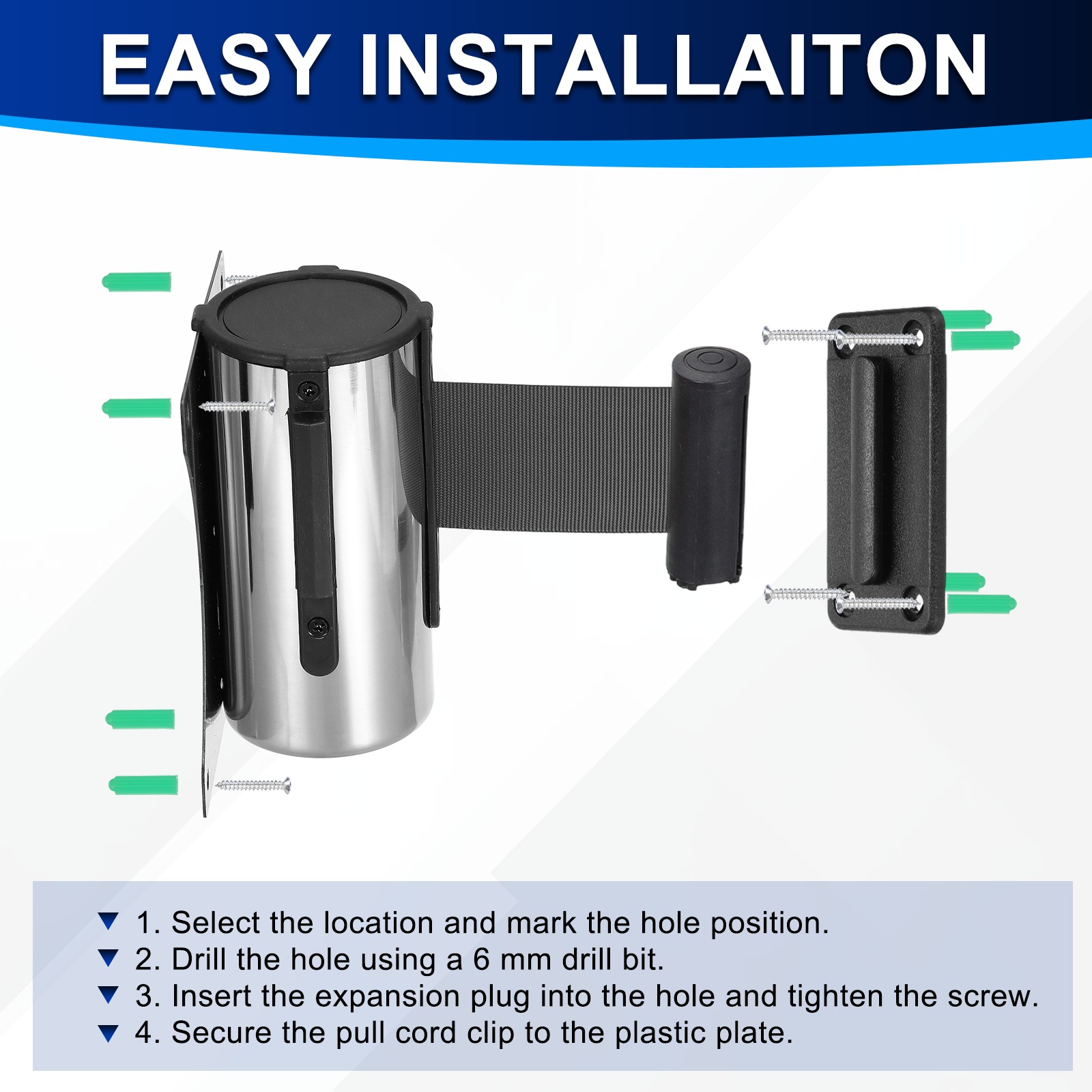 Fixed Wall Mount Retractable Belt Barrier (10 Feet, Black) (1 Pcs)