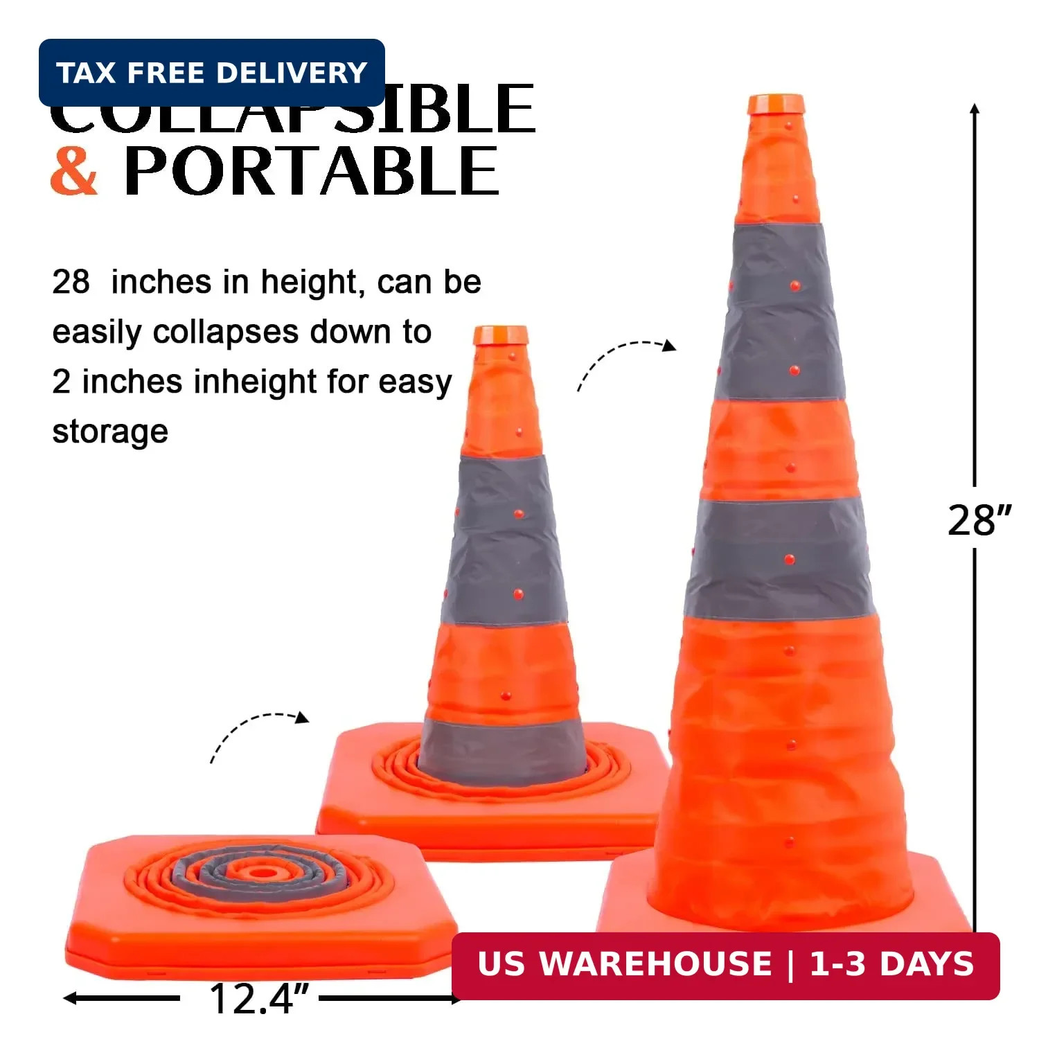 4 Pack 28 inch Collapsible Traffic Cones with LED Light, Safety Cones with Refle