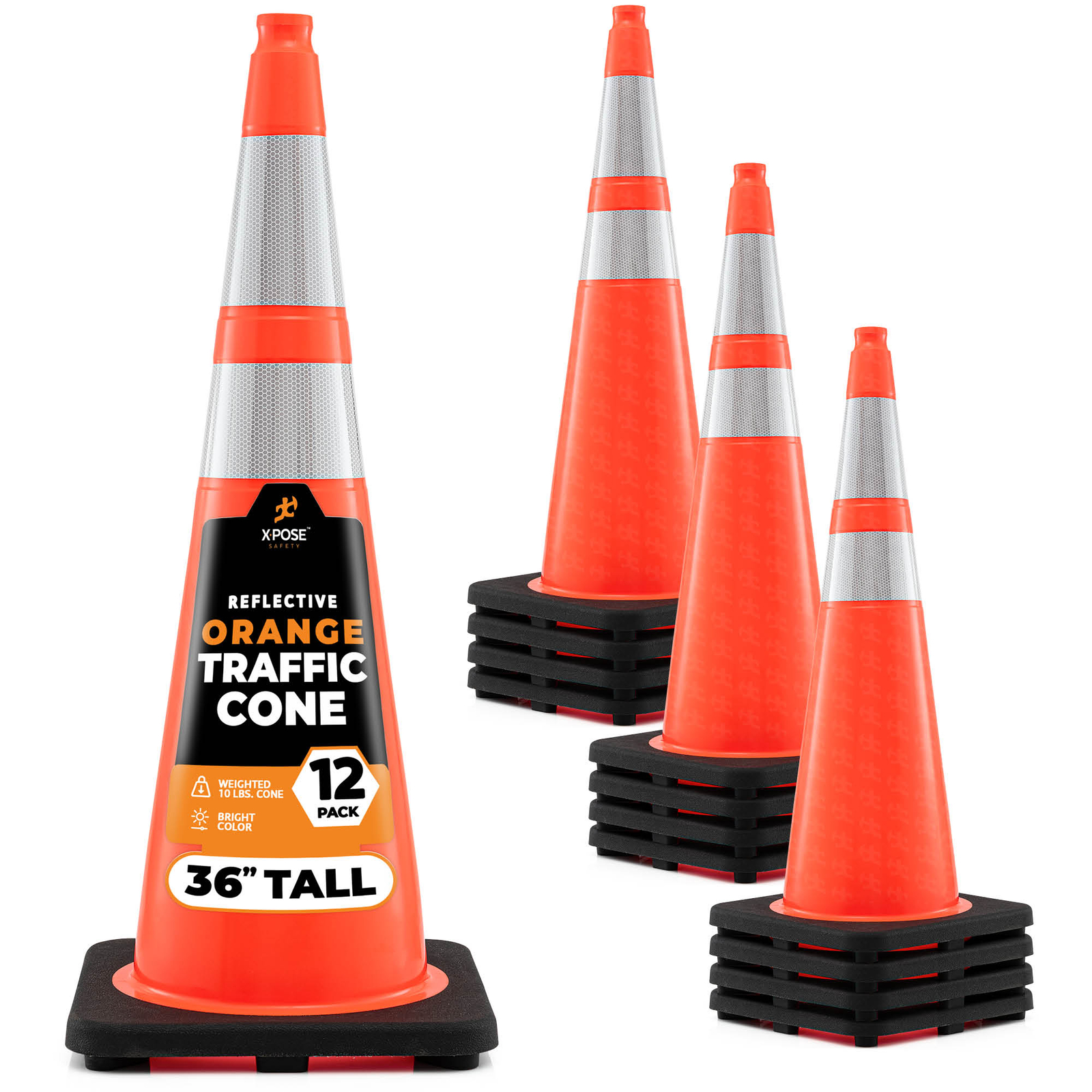 12 of Orange Traffic Cones 36″ with 6″ & 4″ Collars – PVC Plastic Safety Cones