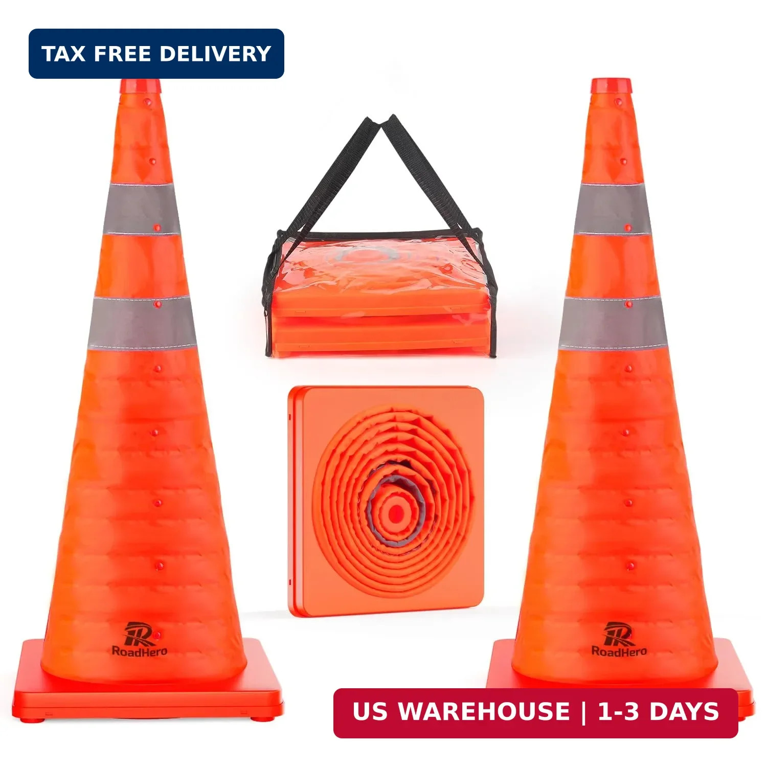 RoadHero 28 Inch 2 Pack Collapsible Traffic Safety Cones, Multi Purpose Pop-up C
