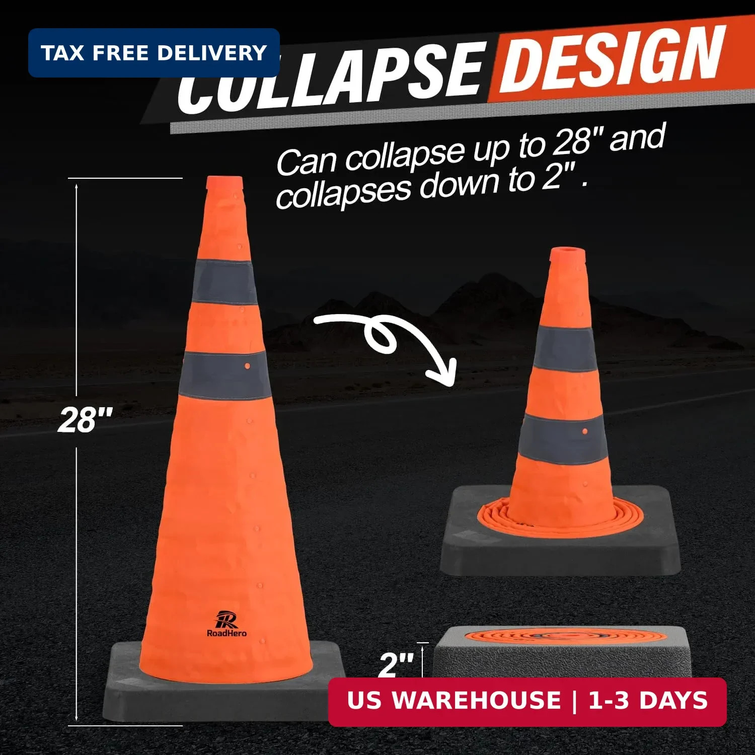RoadHero 28 Inch Collapsible Traffic Safety Cones with Black Weighted Base, Cons