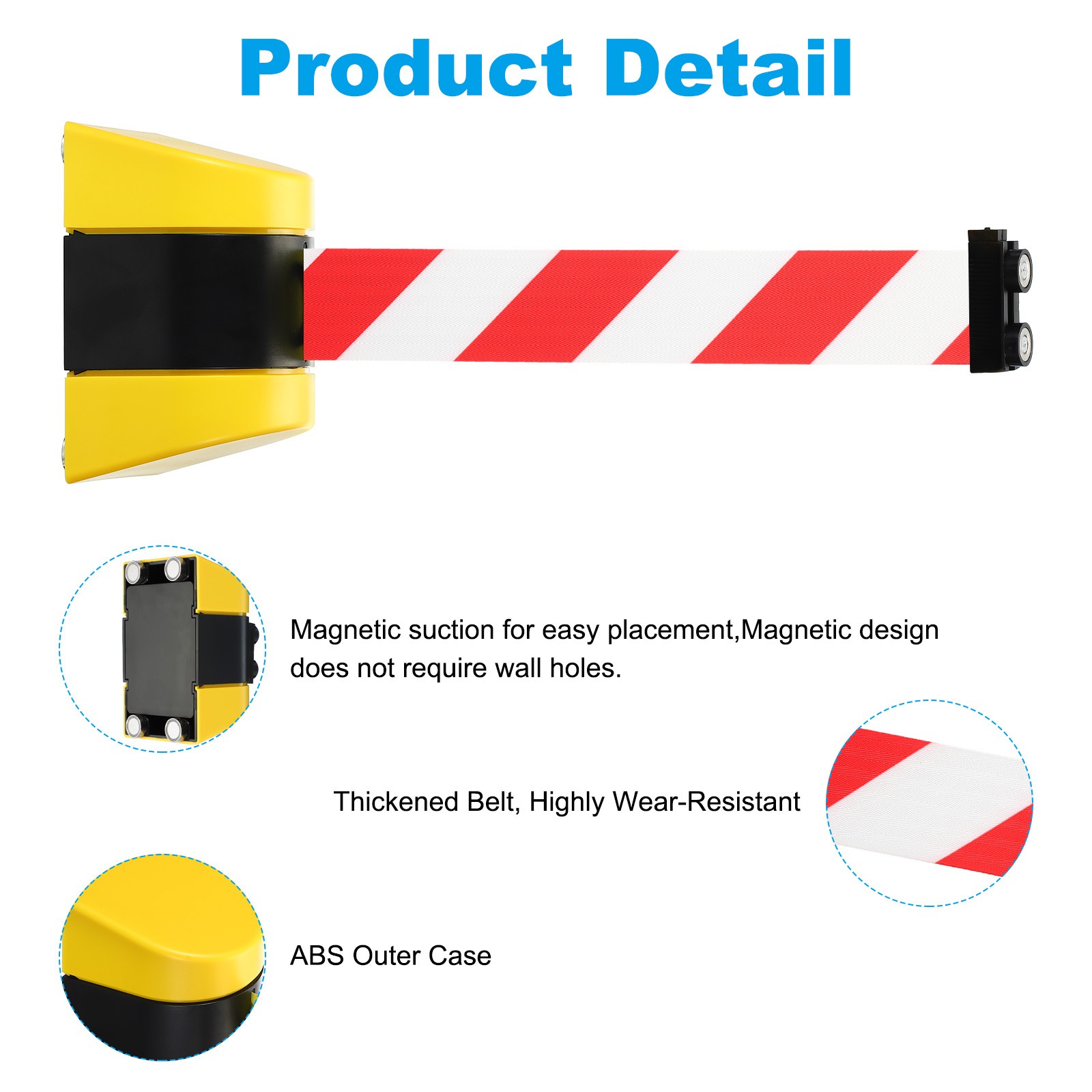 16.4Ft Magnetic Retractable Belt Barrier, Red White Belt, Black Yellow Case