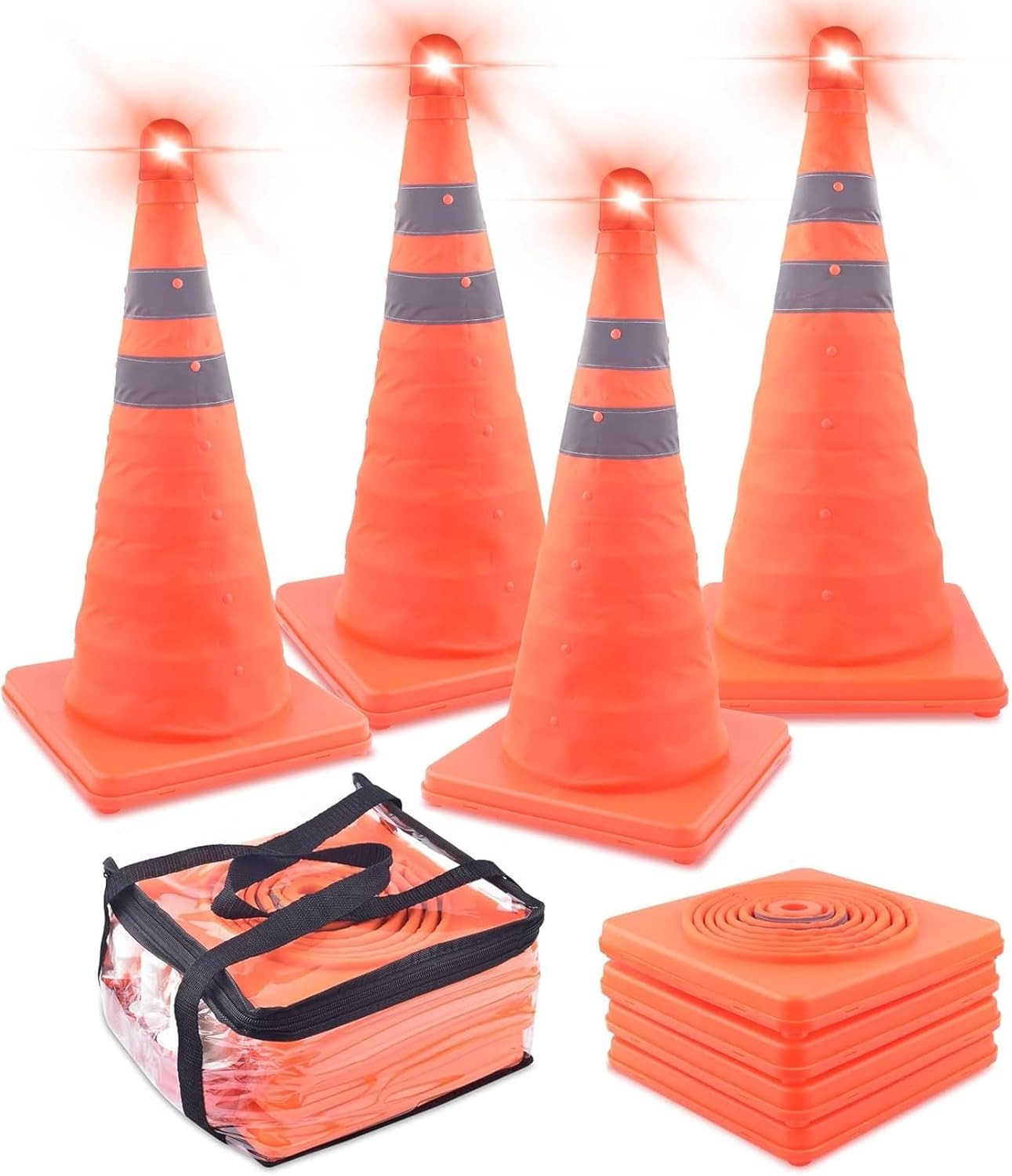 4 Pack 18 Inch Collapsible Traffic Cones with Bag, Safety Cones with 4 LED Safet