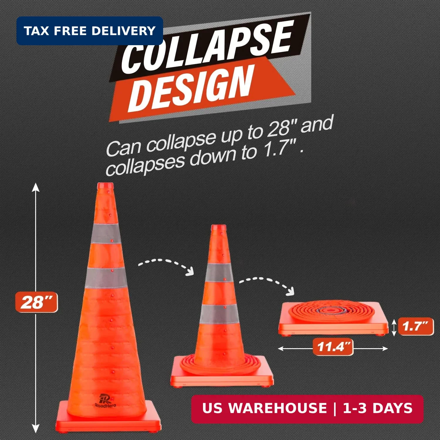 RoadHero 28 Inch 2 Pack Collapsible Traffic Safety Cones, Multi Purpose Pop-up C