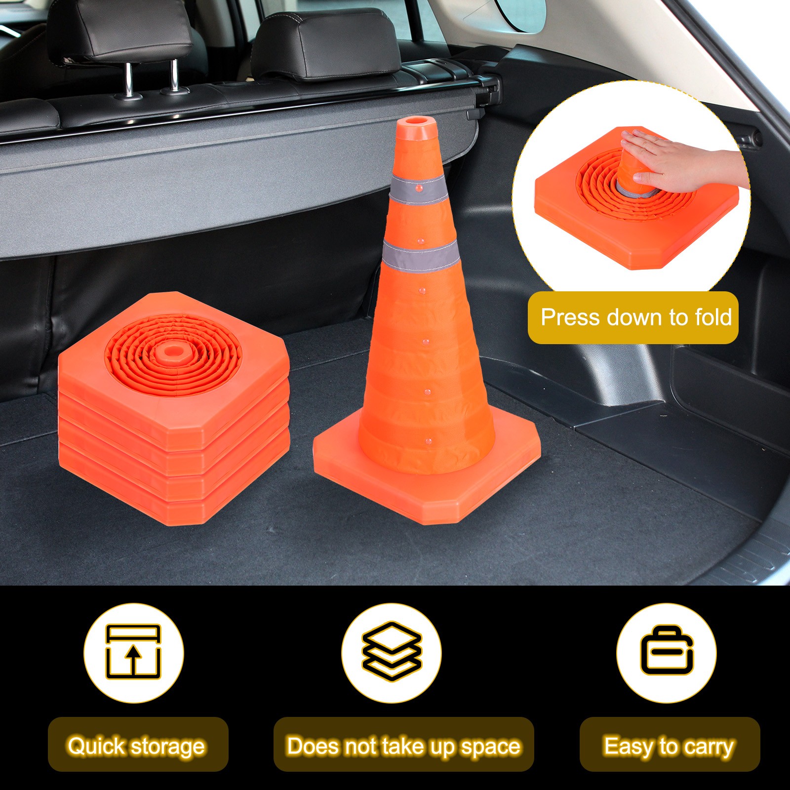 18″ Collapsible Traffic Cones, Safety Cones with Reflective Collar