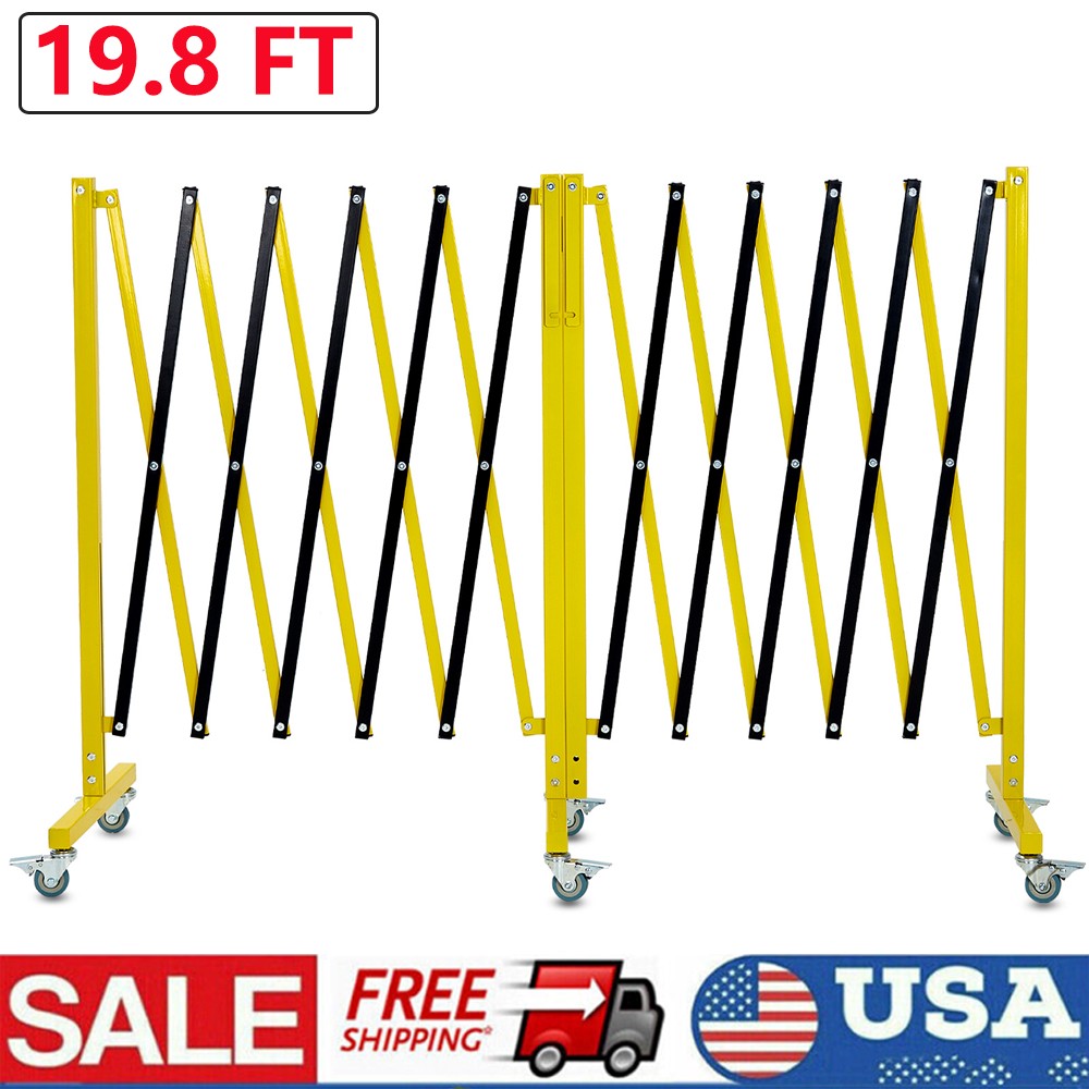 19.8×3.4ft Expandable Metal Barricade Safety Traffic Barrier W/ Casters Yellow
