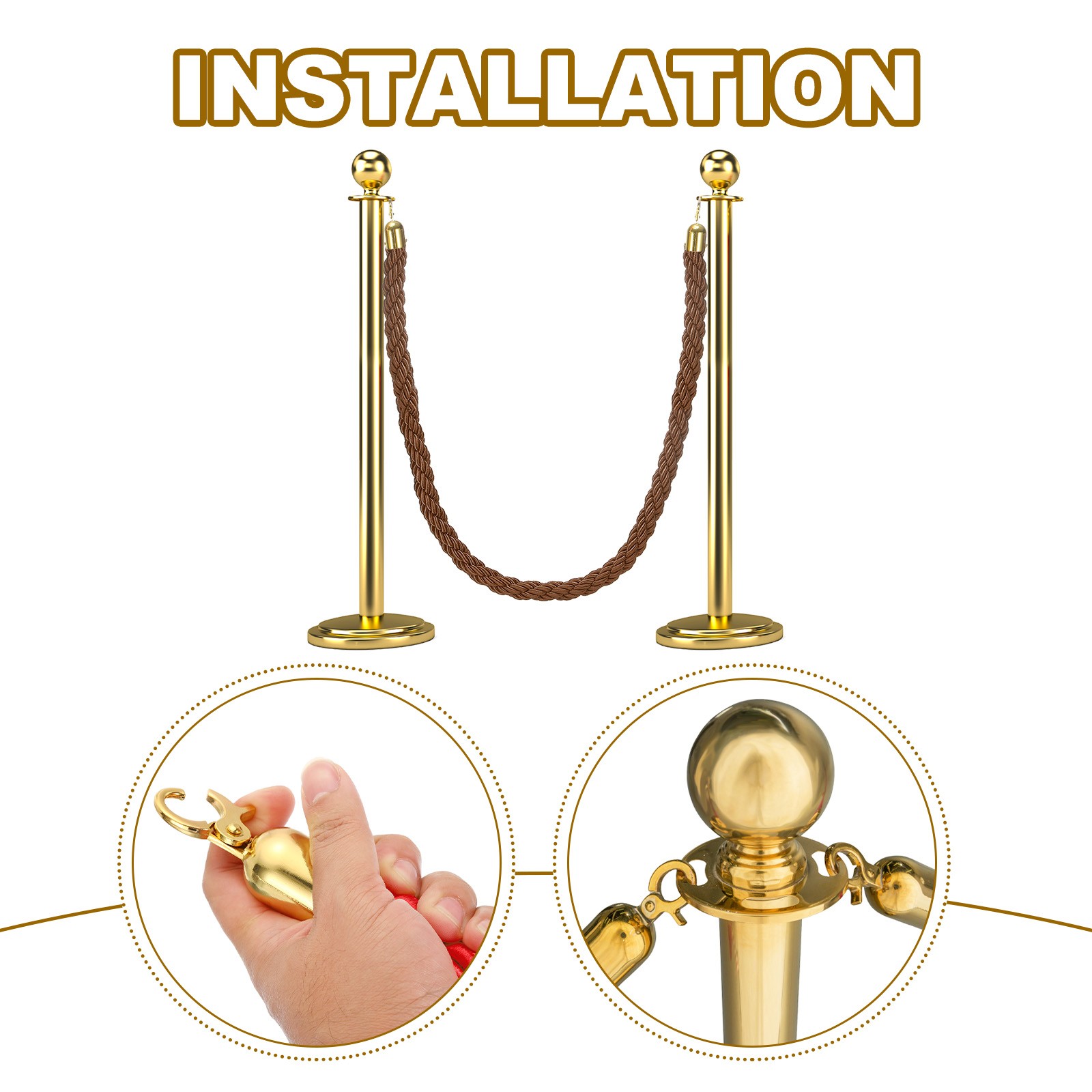 2 Pcs 6.6 Ft/2 m Twisted Stanchion Rope Barrier Rope with Hooks Coffee Golden