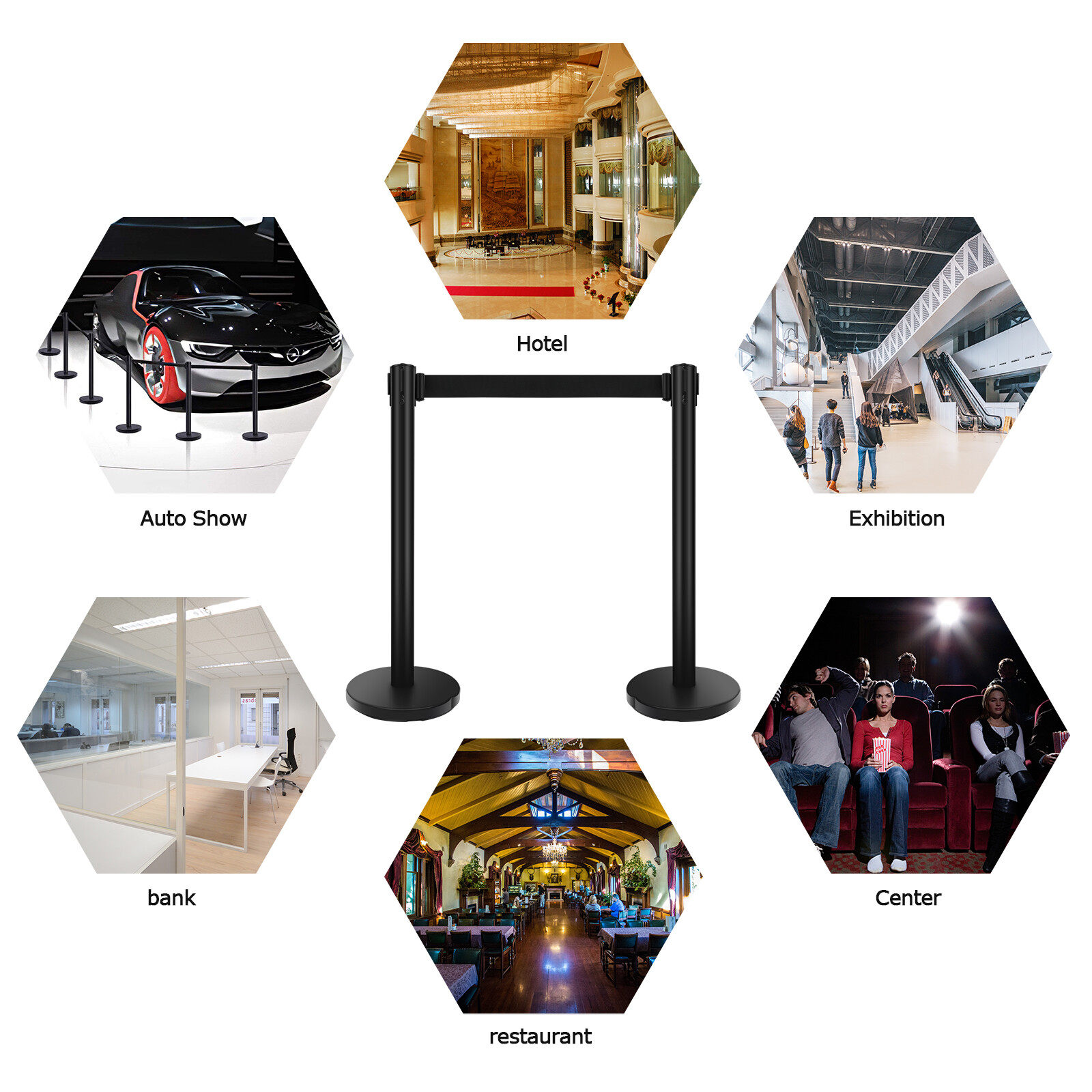 6Pcs Crowd Control Barrier Outdoor Stanchion Queue Pole  Retractable Belt Black