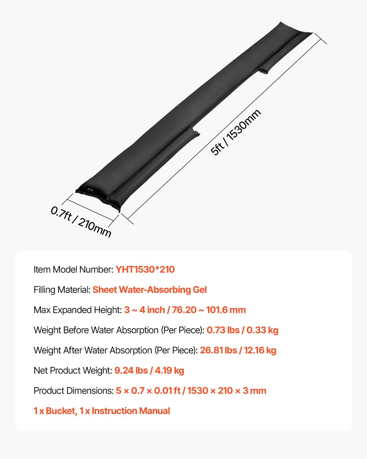 VEVOR Flood Barrier 5 x 0.7 ft Reusable Flood Bags Activated by Water 10 Pack