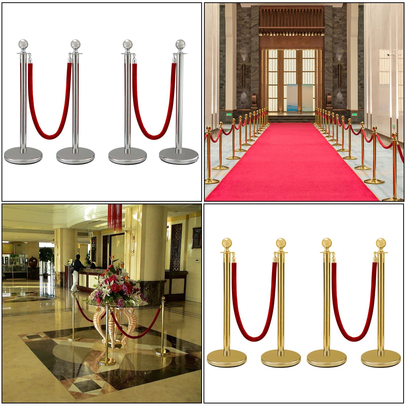 38Inch Gold Silver Stanchion Posts Queue Velvet Rope Crowd Control Line Barriers