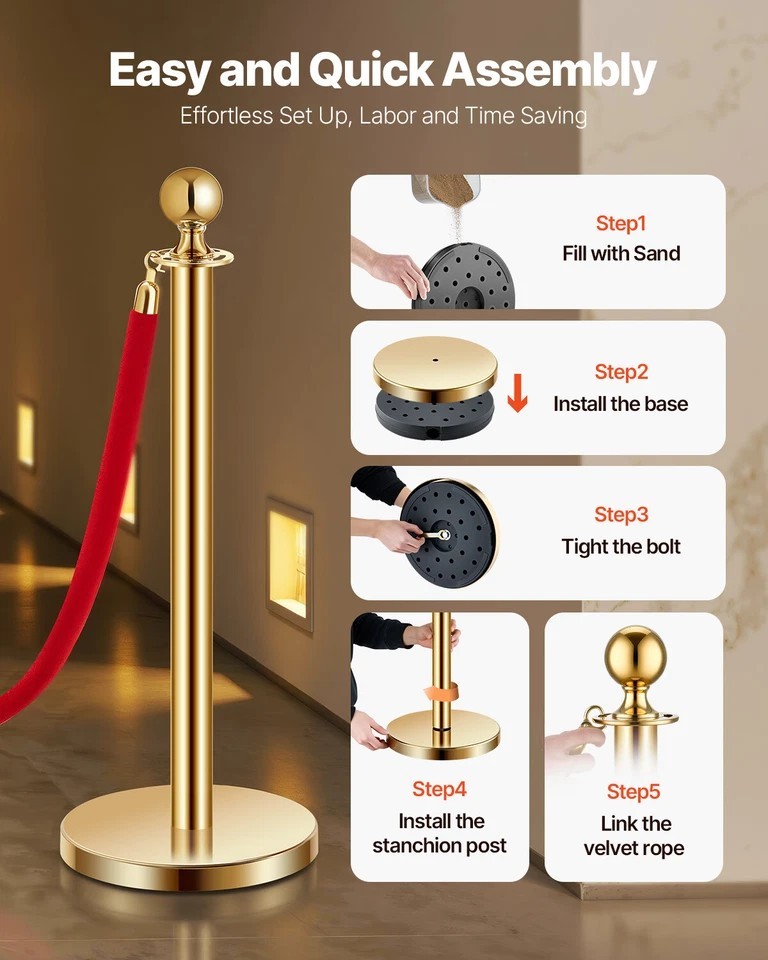 8Pcs Stanchion Post Queue Barrier Crowd Control Sand Injection Base Gold