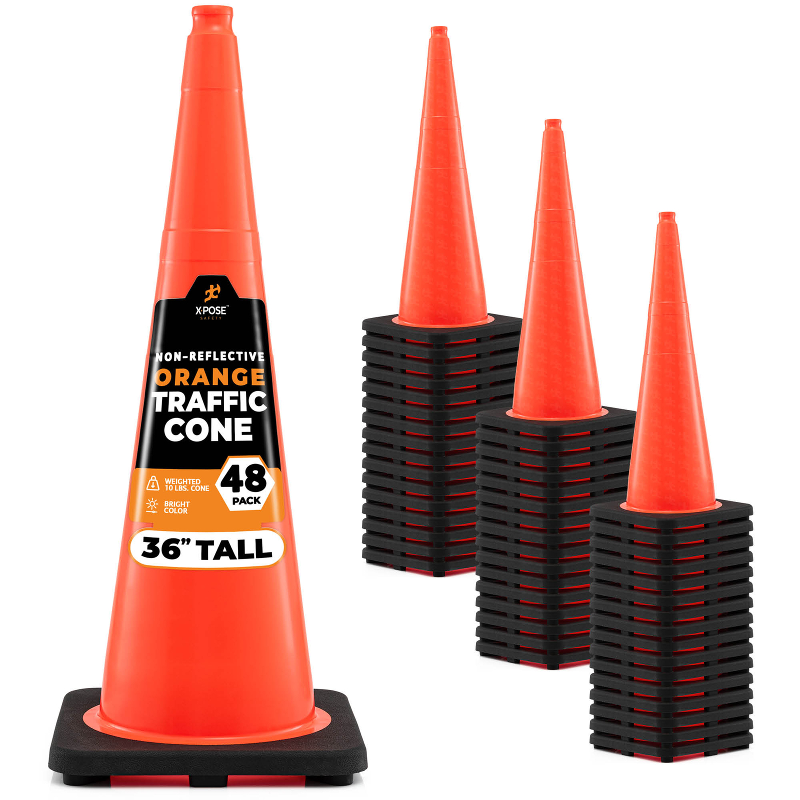 48 Orange Traffic Cones 36 Inch – Multipurpose PVC Plastic Safety Cone