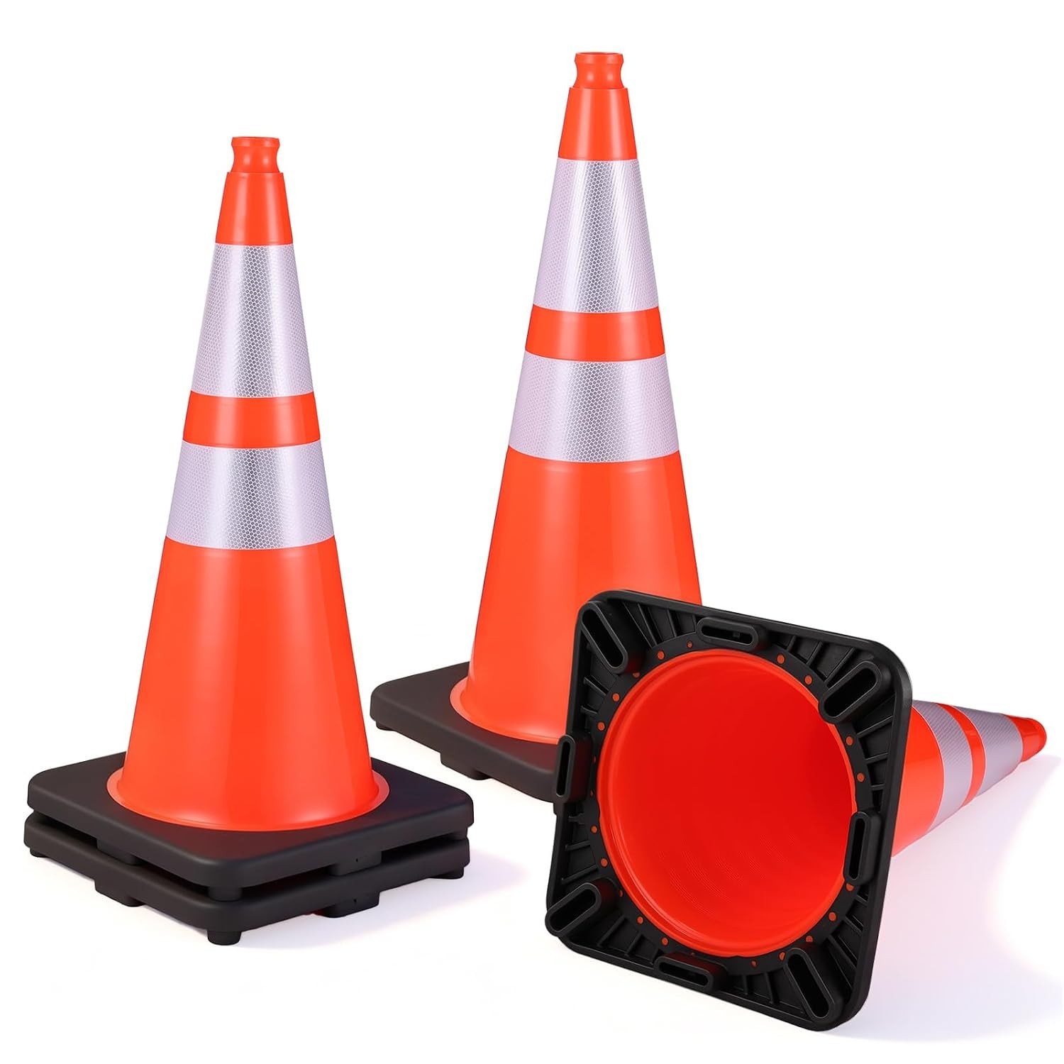 28 Inch Traffic Cones W/ 7 Lb Black Base & Reflective Collars Durable