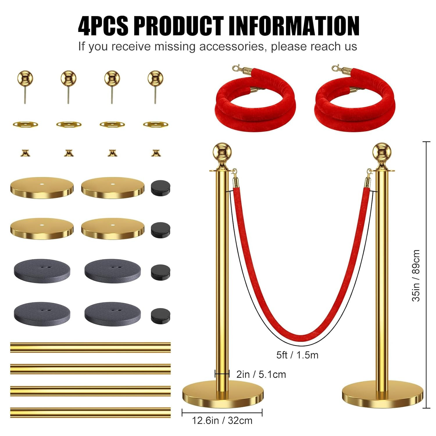 4Pcs Golden Stanchions with Red Velvet Ropes for Party & Photo Booth Decor