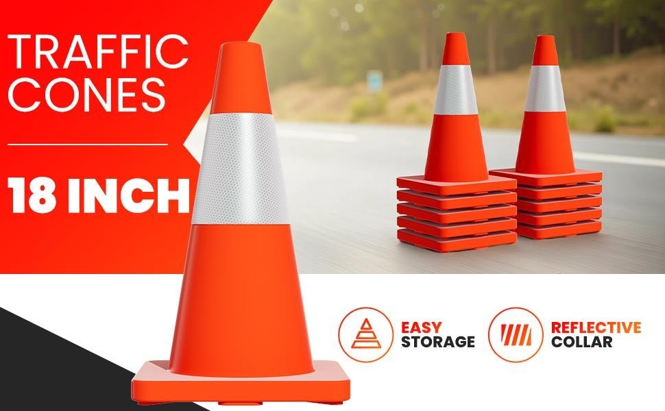 18″ 20Pcs Traffic Cones w/ Reflective Collars Hazard Construction Cones