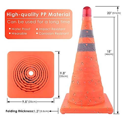 4 Pack 18″ Collapsible Traffic Cones with LED Lights – Reflective Safety Road Co