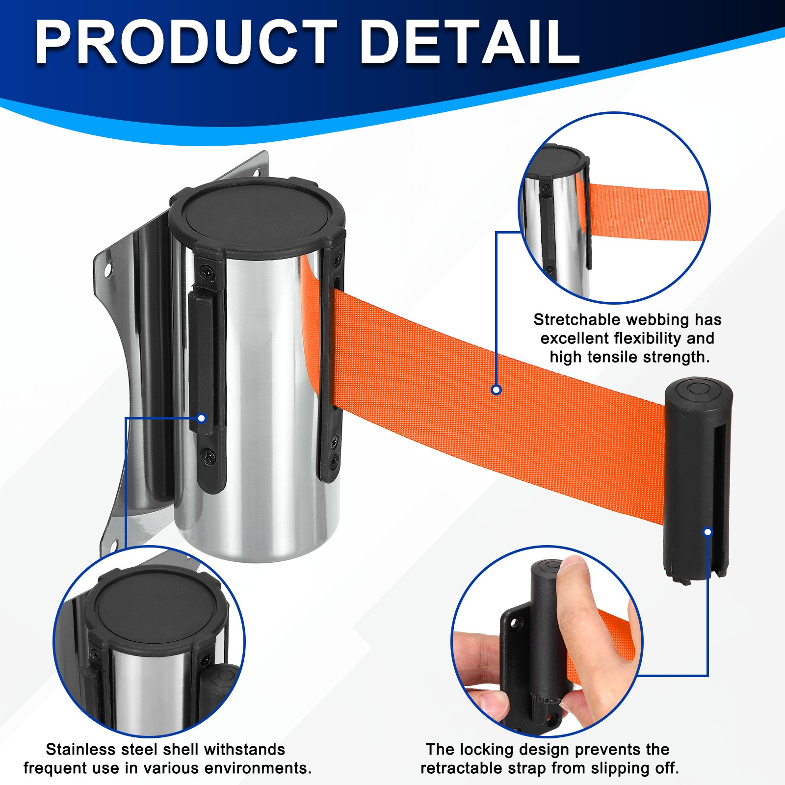 Fixed Wall Mount Retractable Belt Barrier (10 Feet, Orange) (1 Pcs)