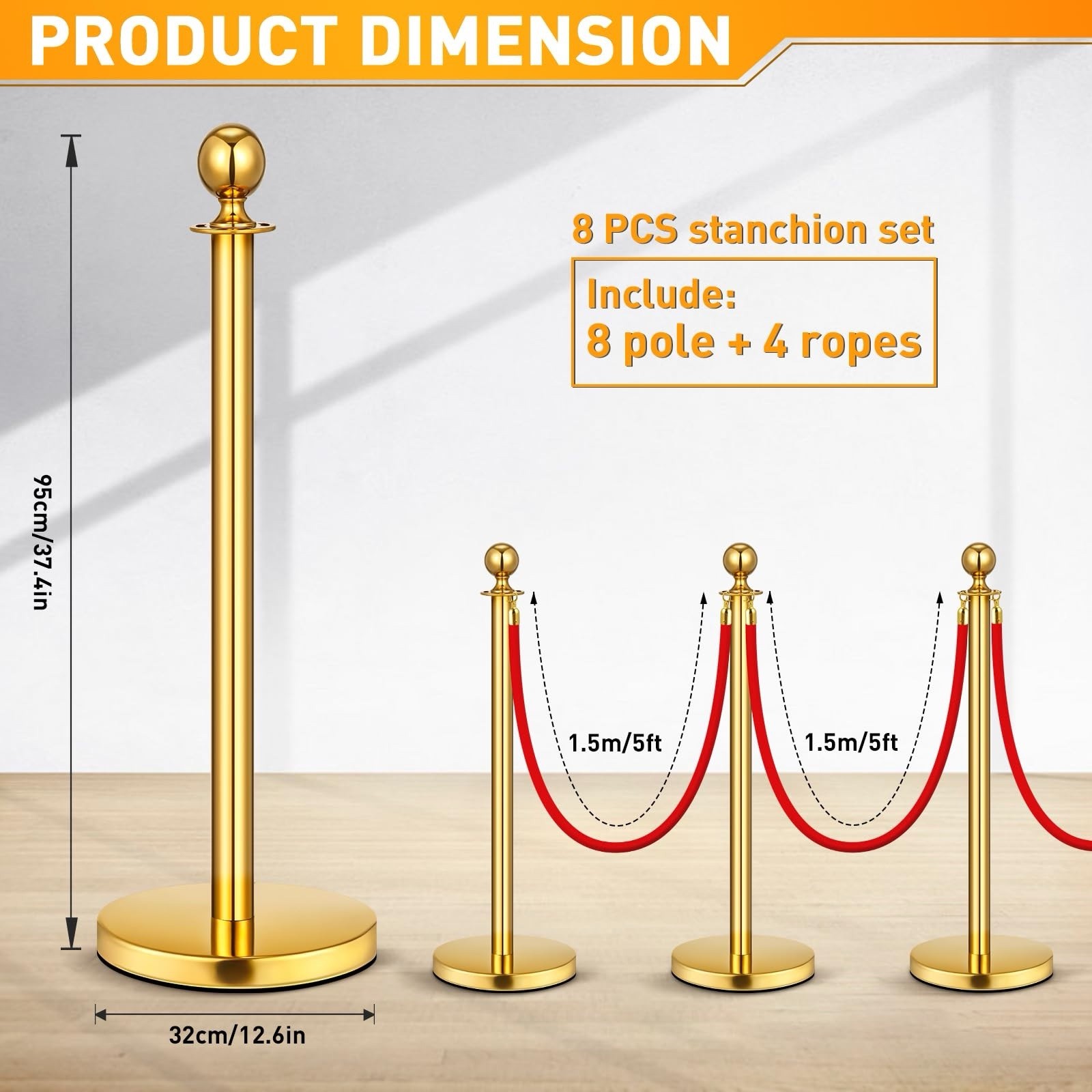 8 Pack Upgraded Stainless Steel Stanchions and Velvet Ropes 5FT Extended Red Car