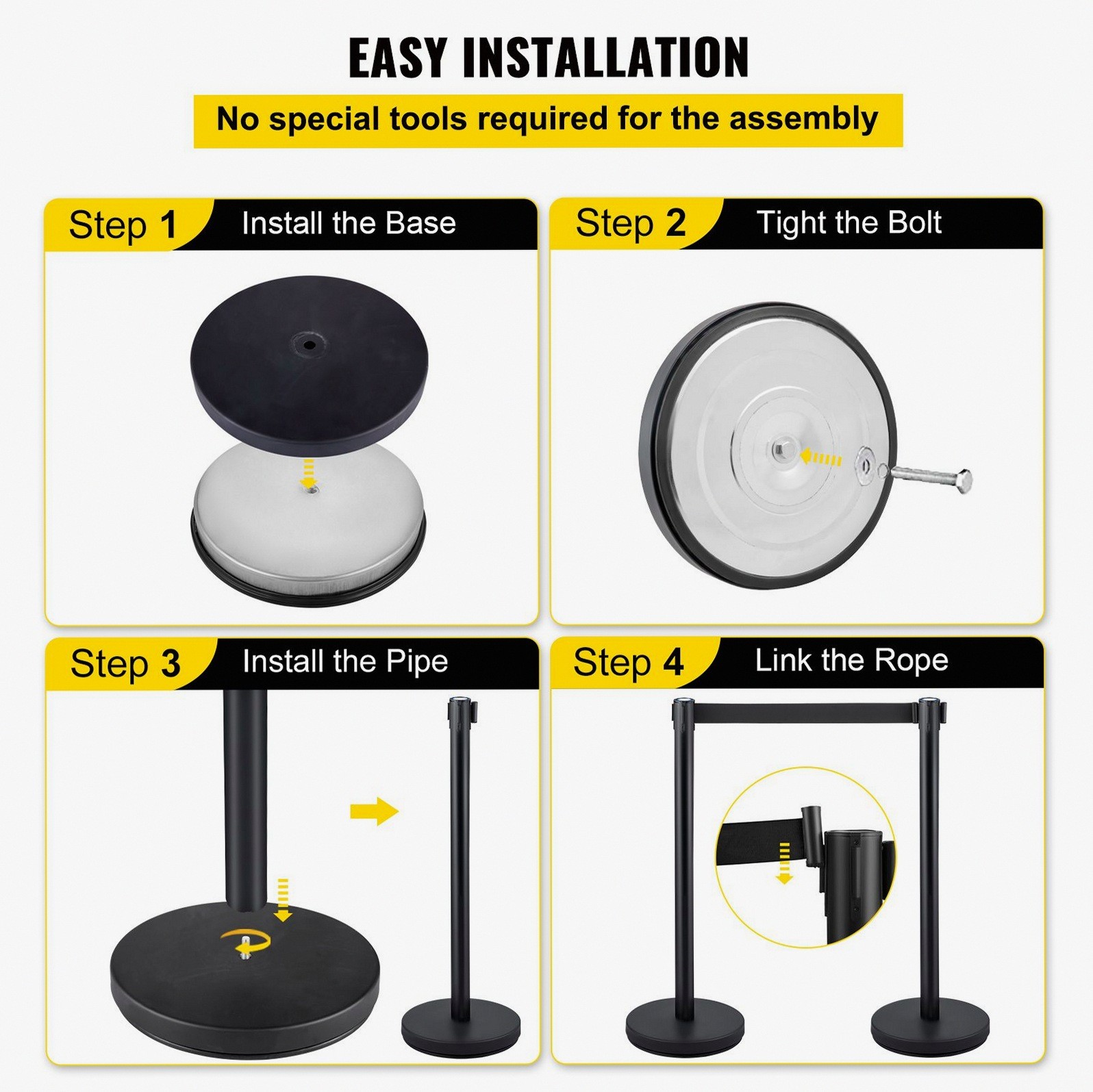 4-Pc Stainless Crowd Control Stanchion w/ 6.6ft Belts & HD Base