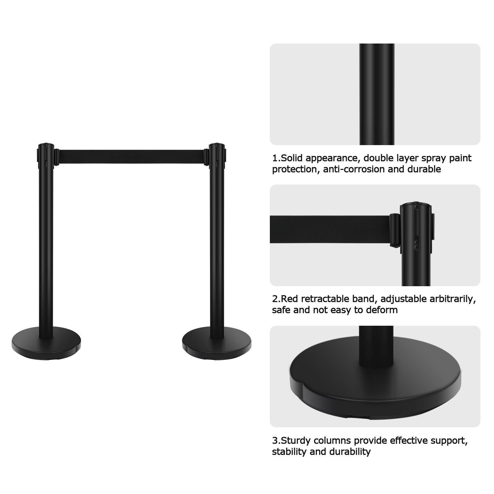 6Pcs Crowd Control Barrier Outdoor Stanchion Queue Pole  Retractable Belt Black